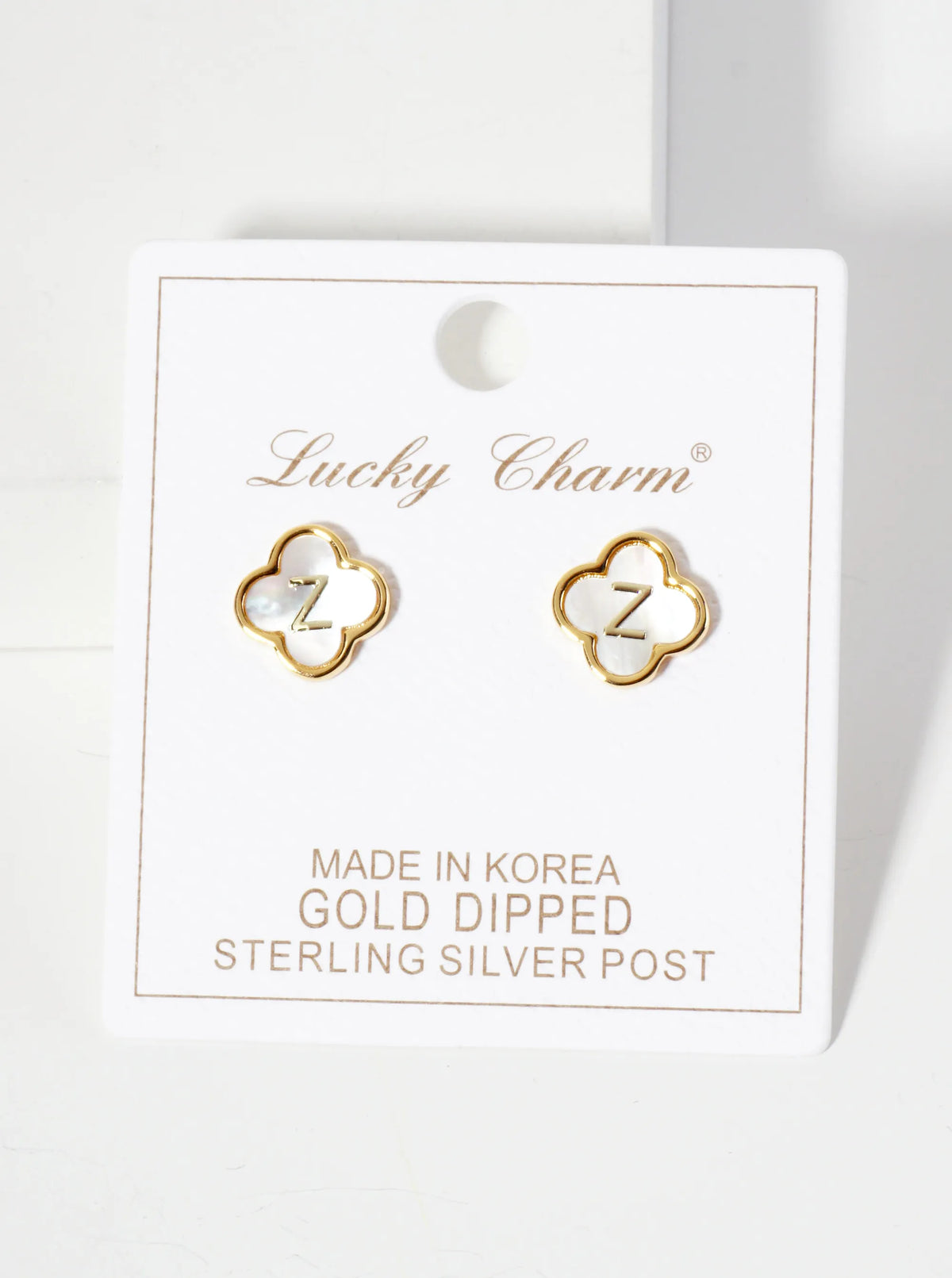 11mm 18K-Gold-Dipped Brass Mother-of-Pearl Quatrefoil Initial Monogram Stud Earrings
