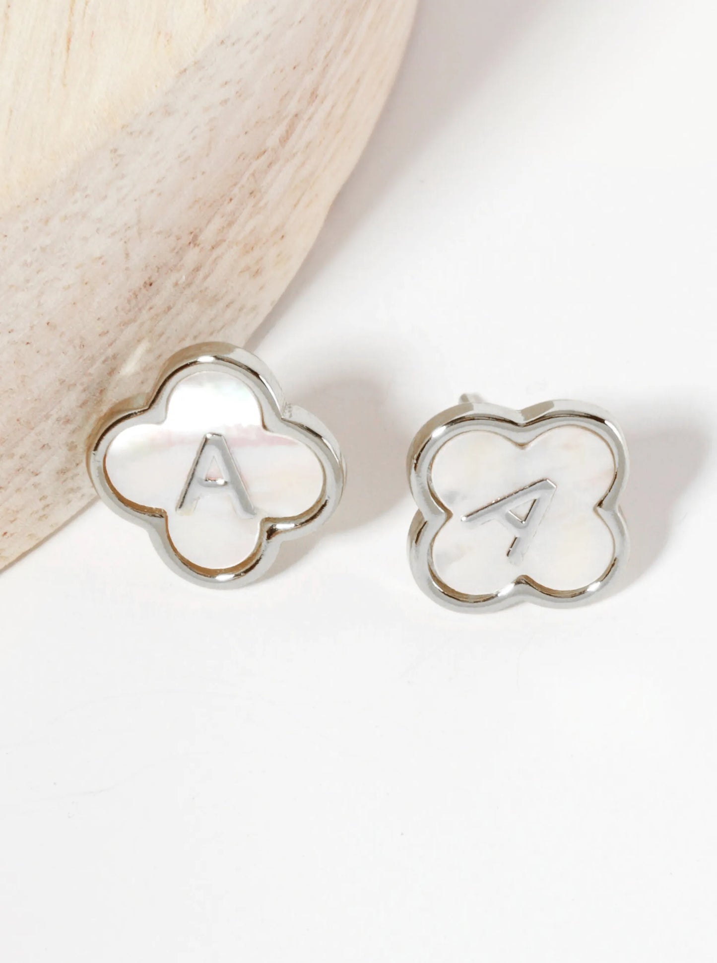 11mm 18K-Gold-Dipped Brass Mother-of-Pearl Quatrefoil Initial Monogram Stud Earrings