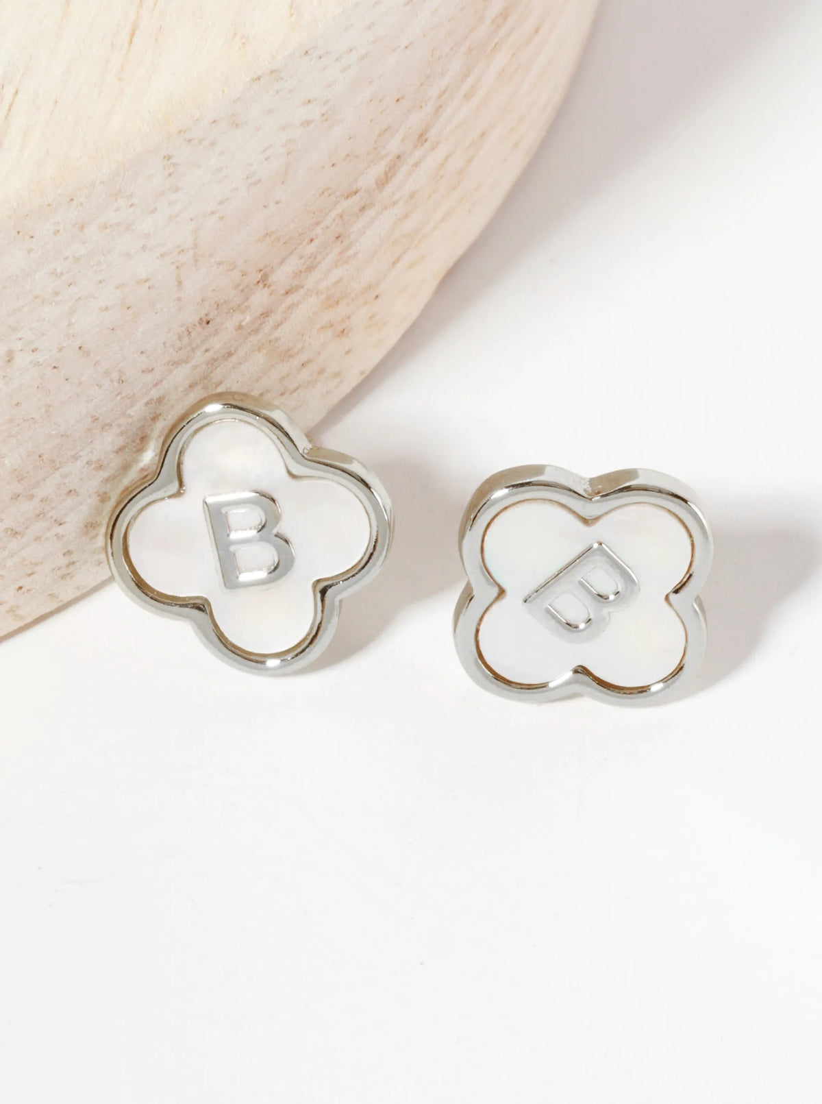 11mm 18K-Gold-Dipped Brass Mother-of-Pearl Quatrefoil Initial Monogram Stud Earrings