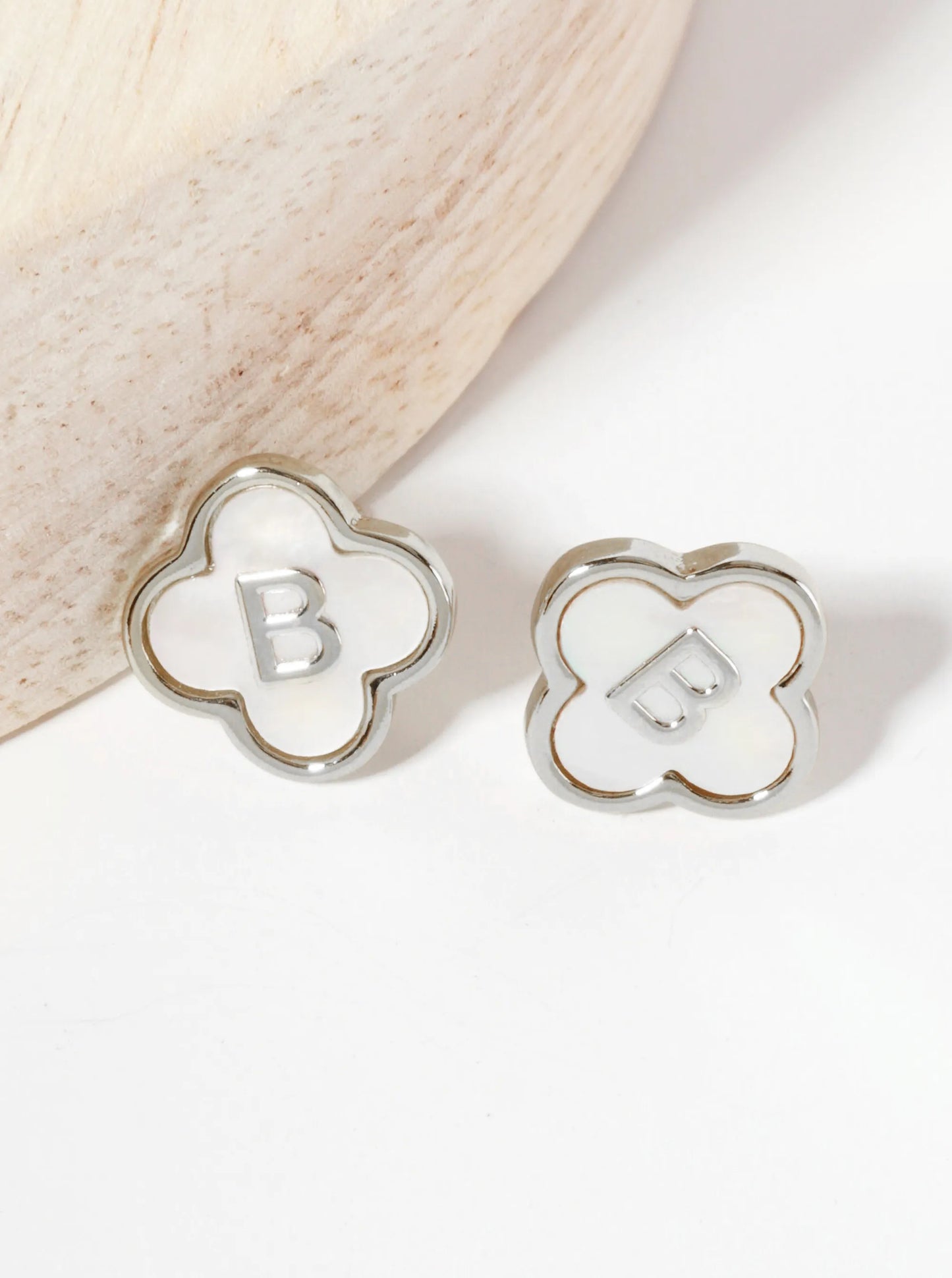 11mm 18K-Gold-Dipped Brass Mother-of-Pearl Quatrefoil Initial Monogram Stud Earrings