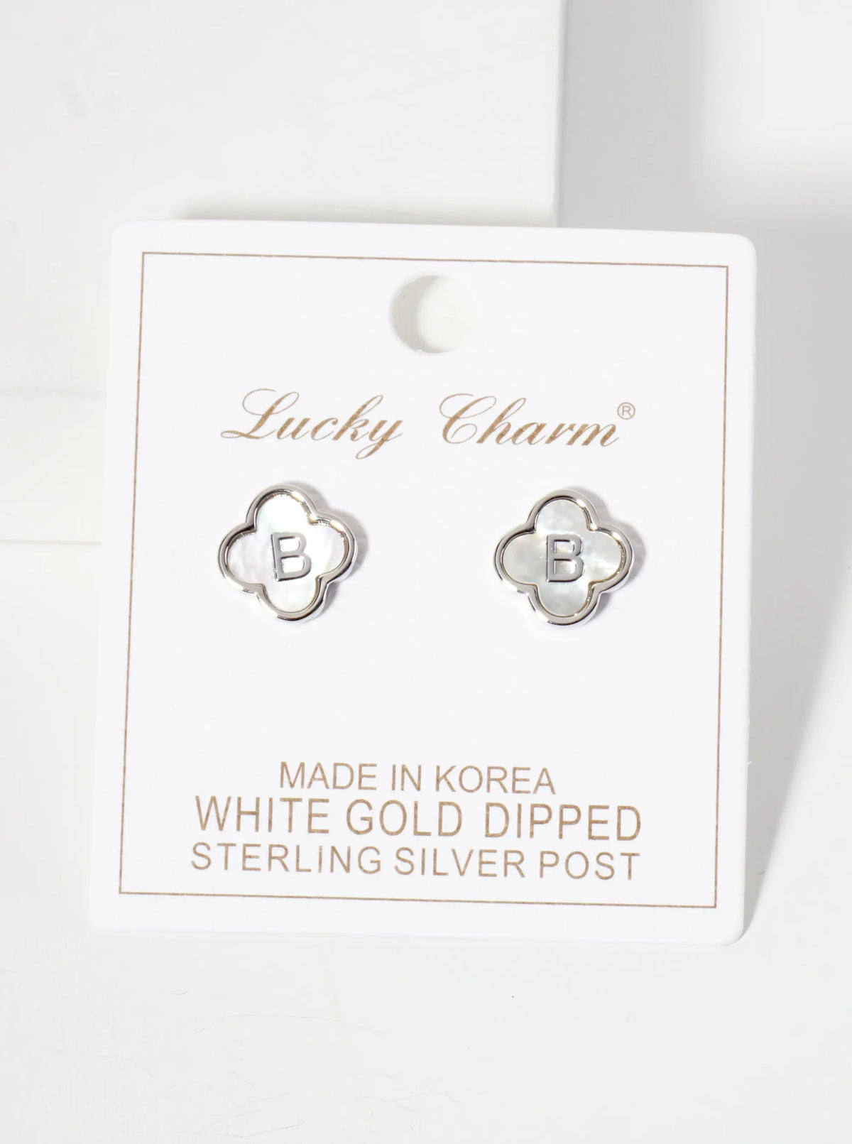 11mm 18K-Gold-Dipped Brass Mother-of-Pearl Quatrefoil Initial Monogram Stud Earrings