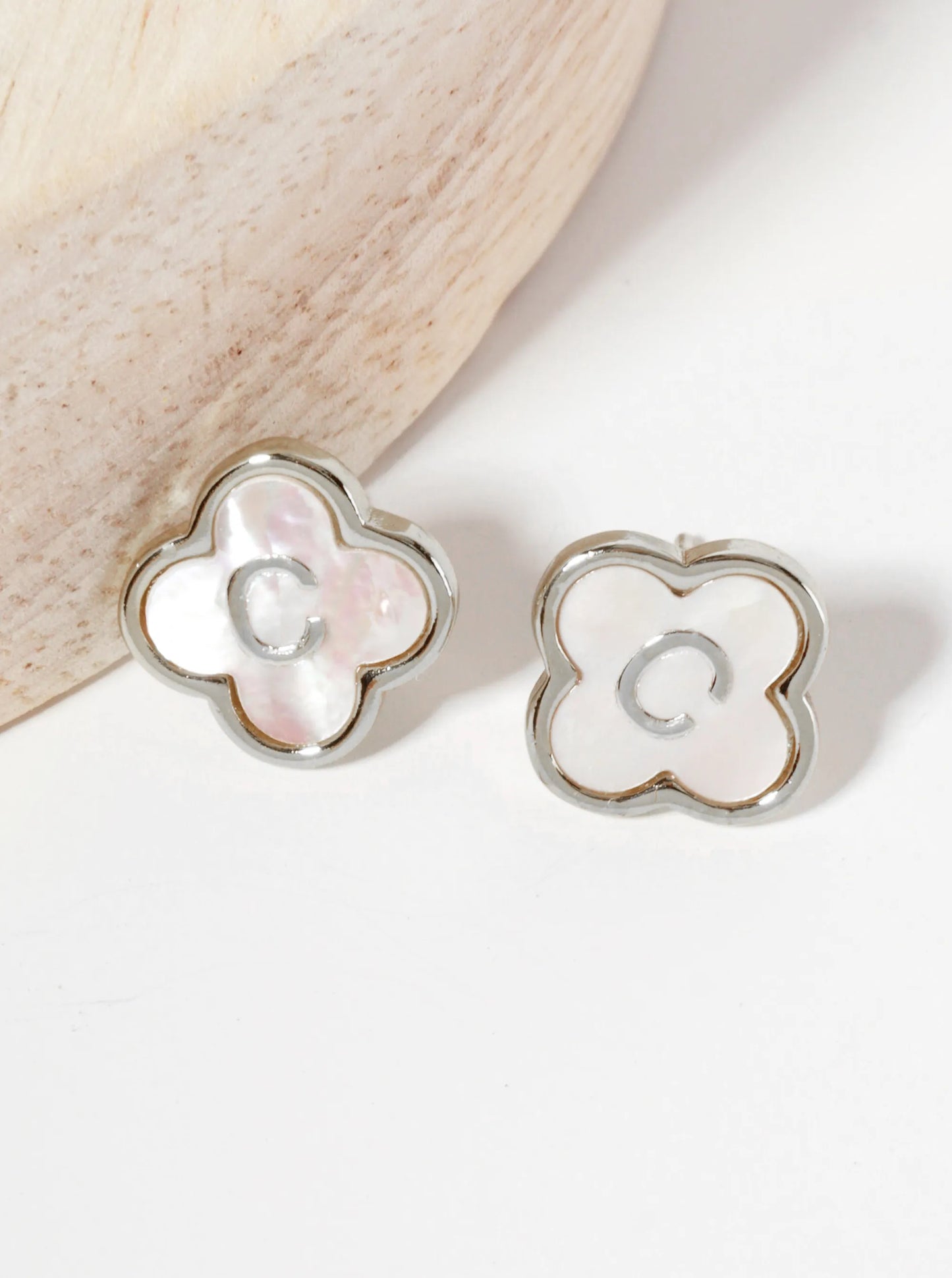 11mm 18K-Gold-Dipped Brass Mother-of-Pearl Quatrefoil Initial Monogram Stud Earrings