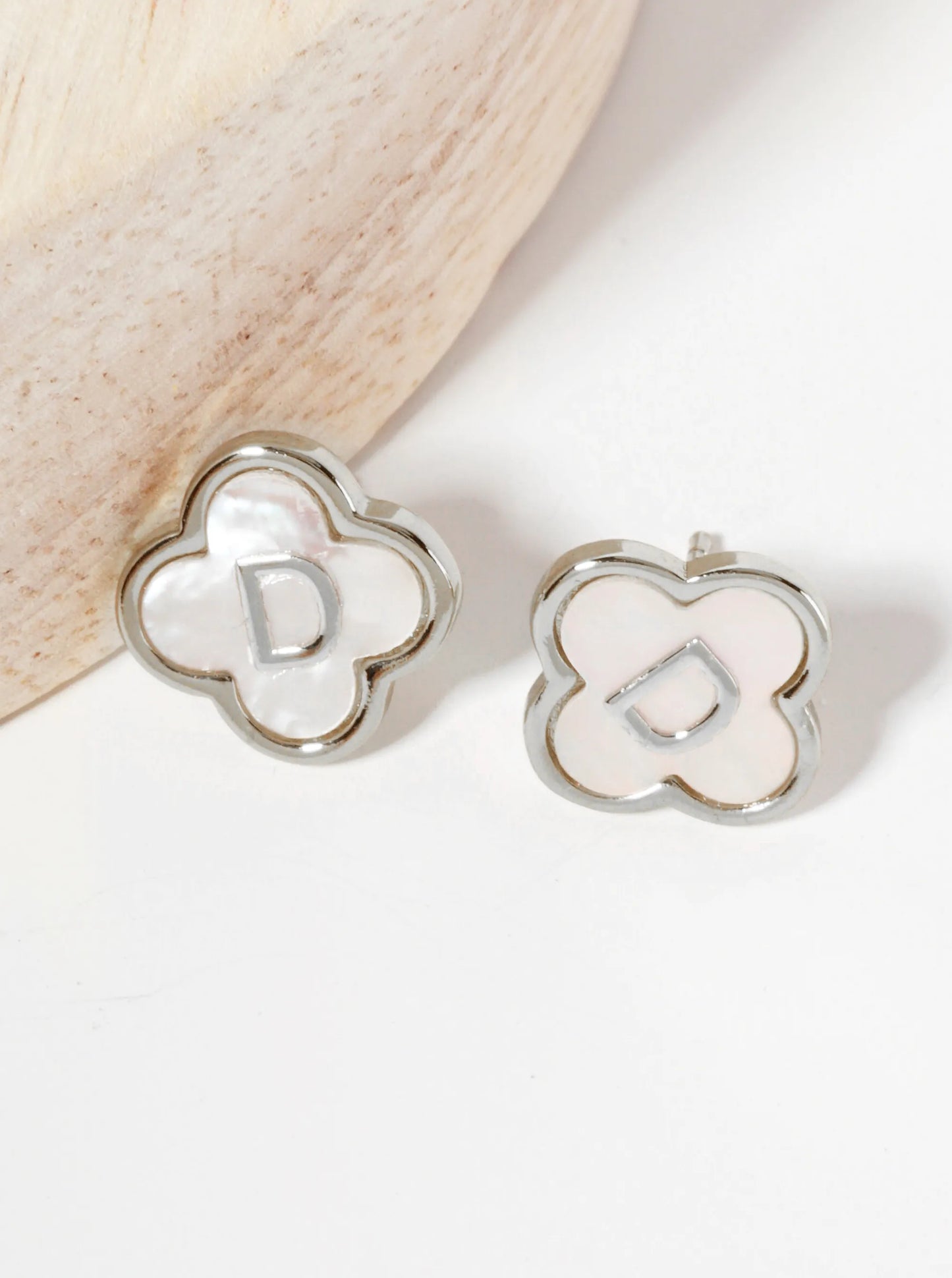 11mm 18K-Gold-Dipped Brass Mother-of-Pearl Quatrefoil Initial Monogram Stud Earrings