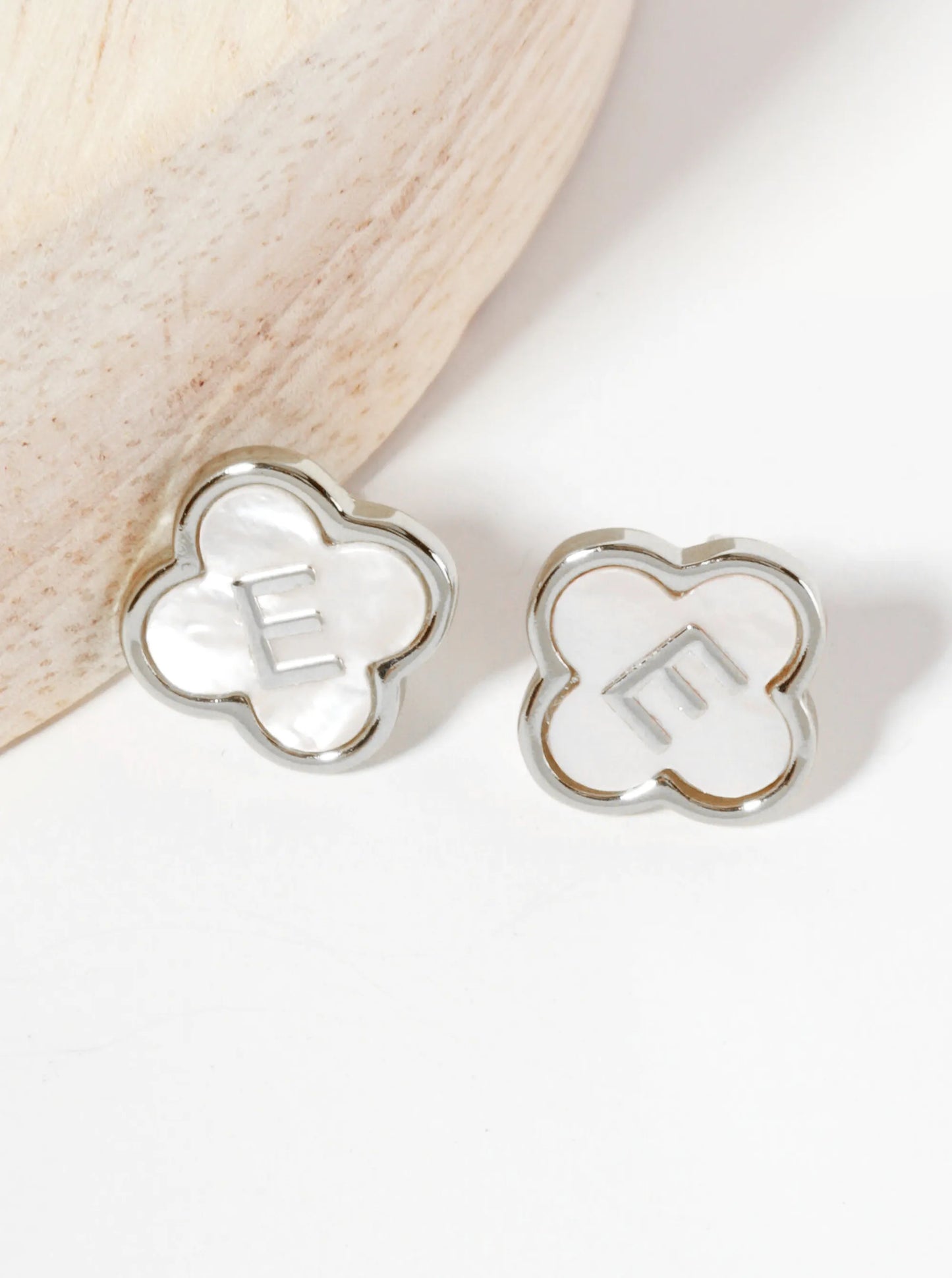 11mm 18K-Gold-Dipped Brass Mother-of-Pearl Quatrefoil Initial Monogram Stud Earrings