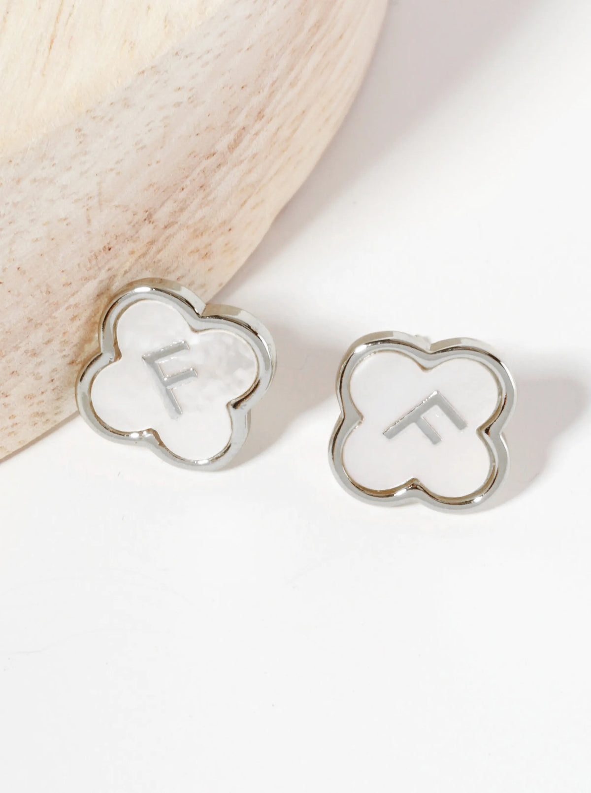 11mm 18K-Gold-Dipped Brass Mother-of-Pearl Quatrefoil Initial Monogram Stud Earrings