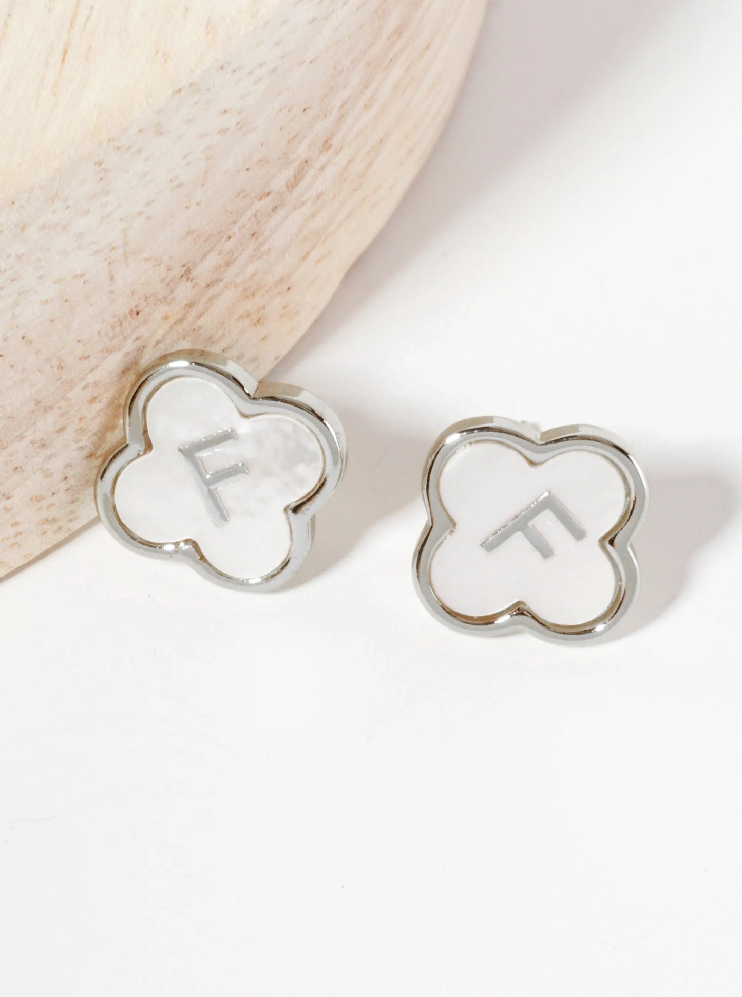 11mm 18K-Gold-Dipped Brass Mother-of-Pearl Quatrefoil Initial Monogram Stud Earrings