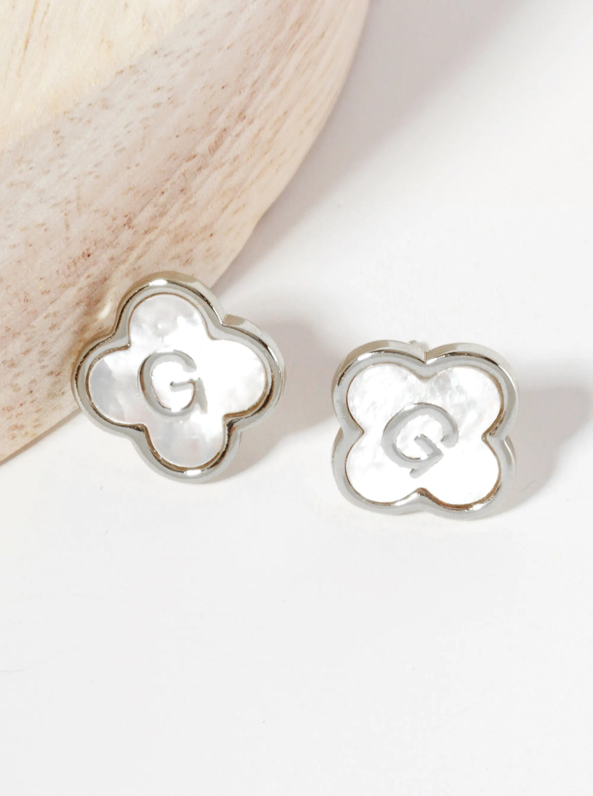 11mm 18K-Gold-Dipped Brass Mother-of-Pearl Quatrefoil Initial Monogram Stud Earrings