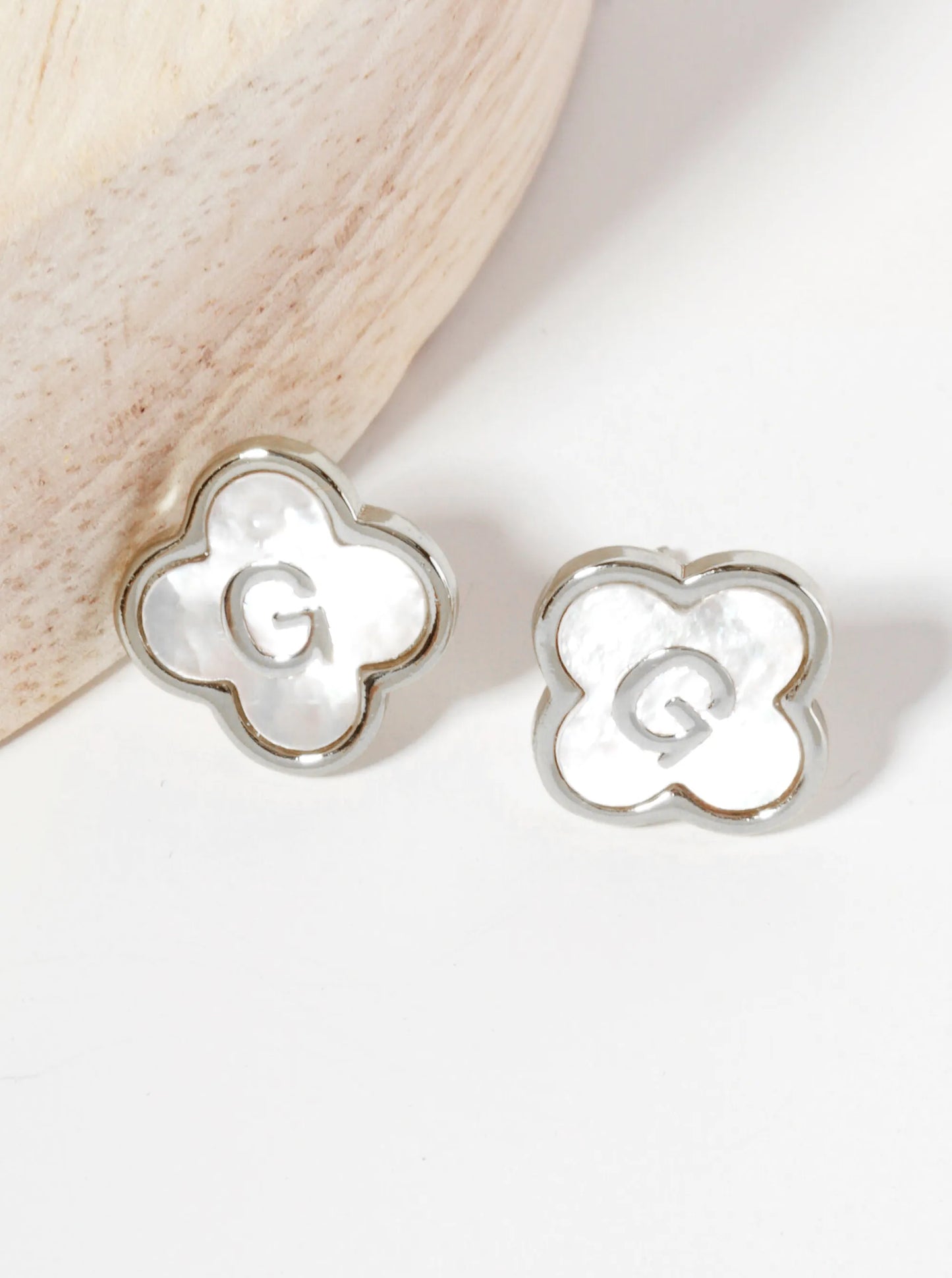 11mm 18K-Gold-Dipped Brass Mother-of-Pearl Quatrefoil Initial Monogram Stud Earrings