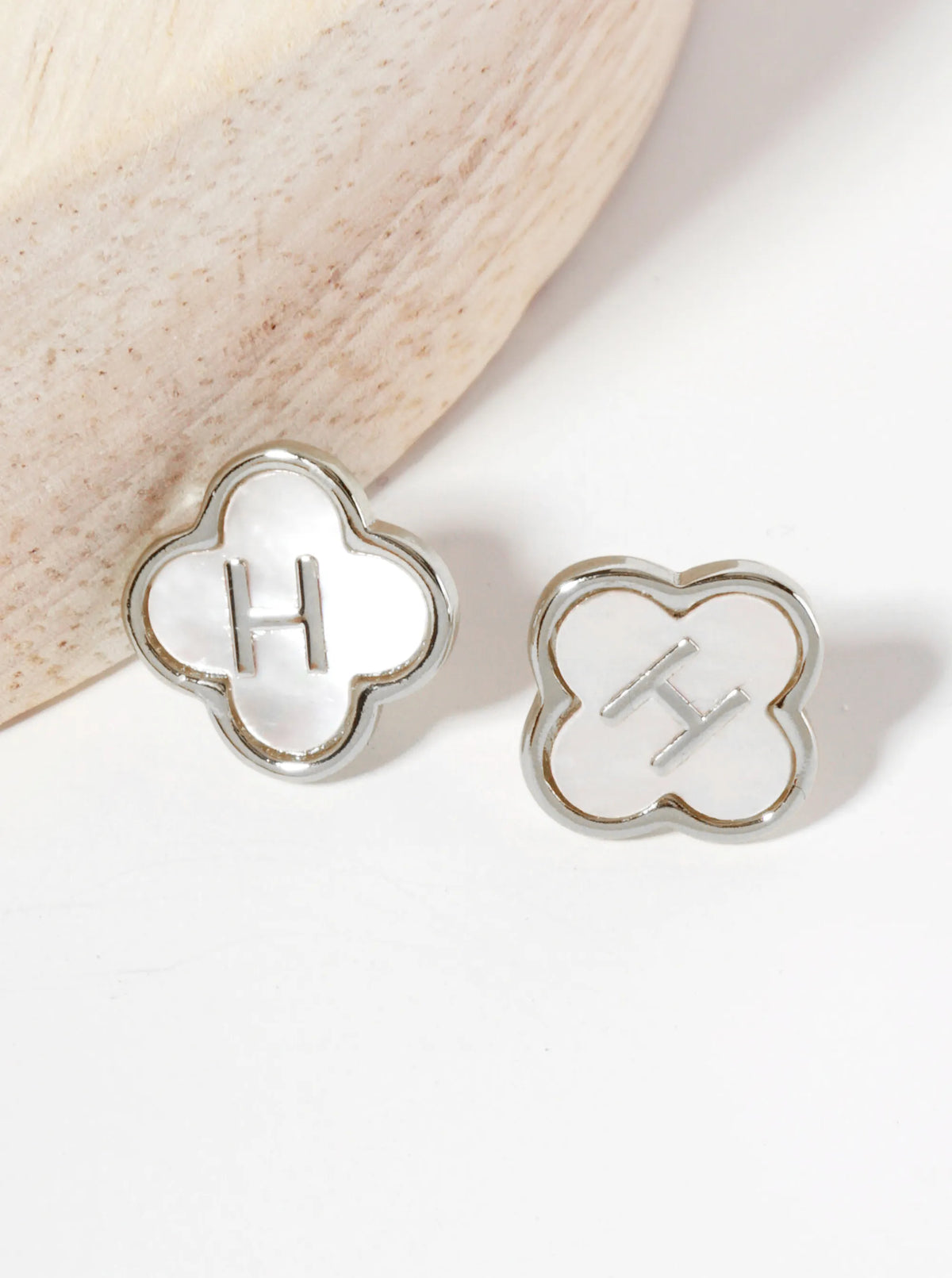 11mm 18K-Gold-Dipped Brass Mother-of-Pearl Quatrefoil Initial Monogram Stud Earrings