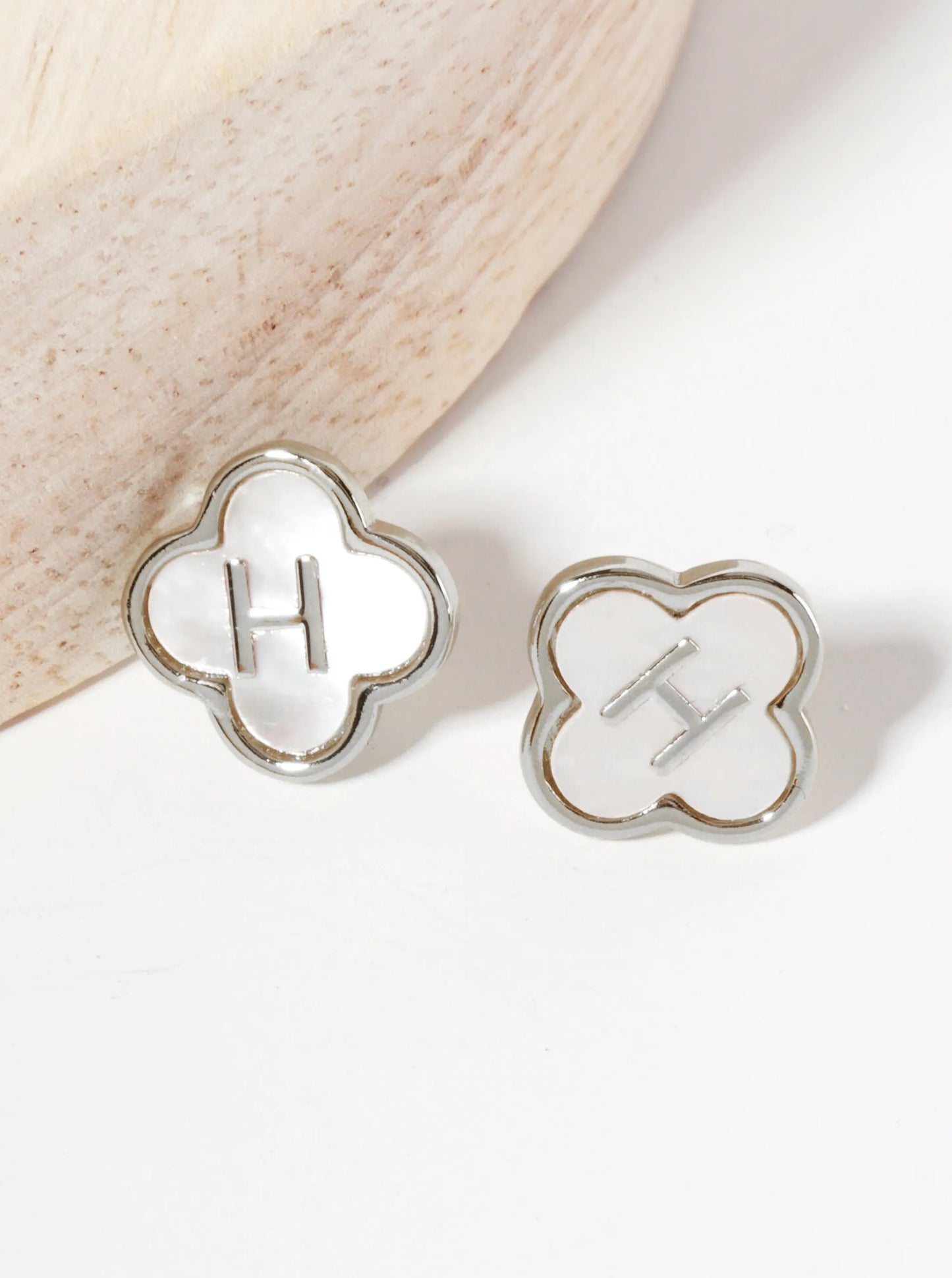 11mm 18K-Gold-Dipped Brass Mother-of-Pearl Quatrefoil Initial Monogram Stud Earrings