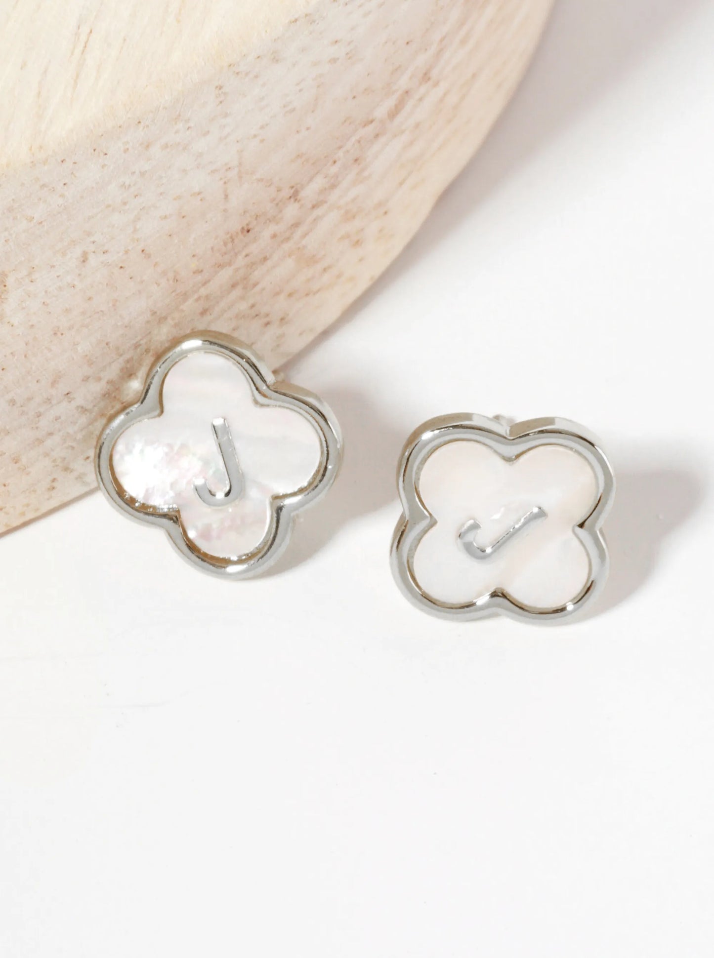 11mm 18K-Gold-Dipped Brass Mother-of-Pearl Quatrefoil Initial Monogram Stud Earrings