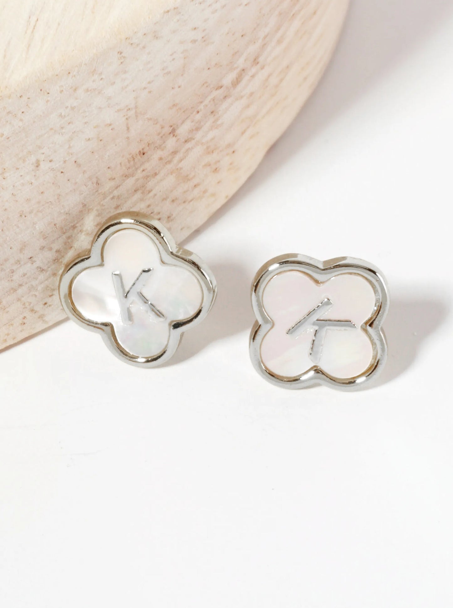 11mm 18K-Gold-Dipped Brass Mother-of-Pearl Quatrefoil Initial Monogram Stud Earrings