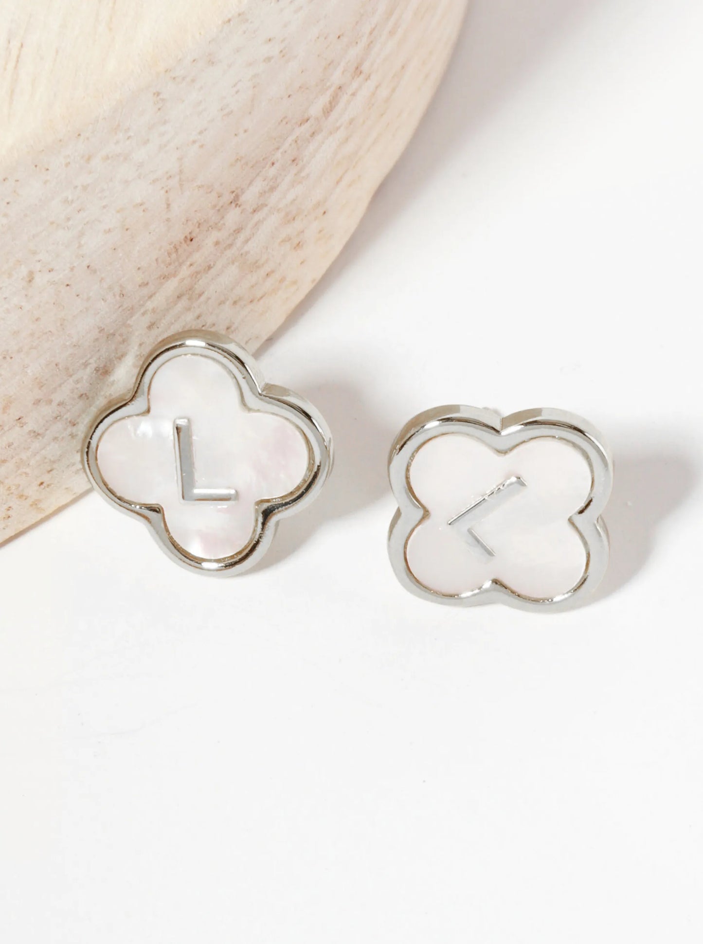 11mm 18K-Gold-Dipped Brass Mother-of-Pearl Quatrefoil Initial Monogram Stud Earrings