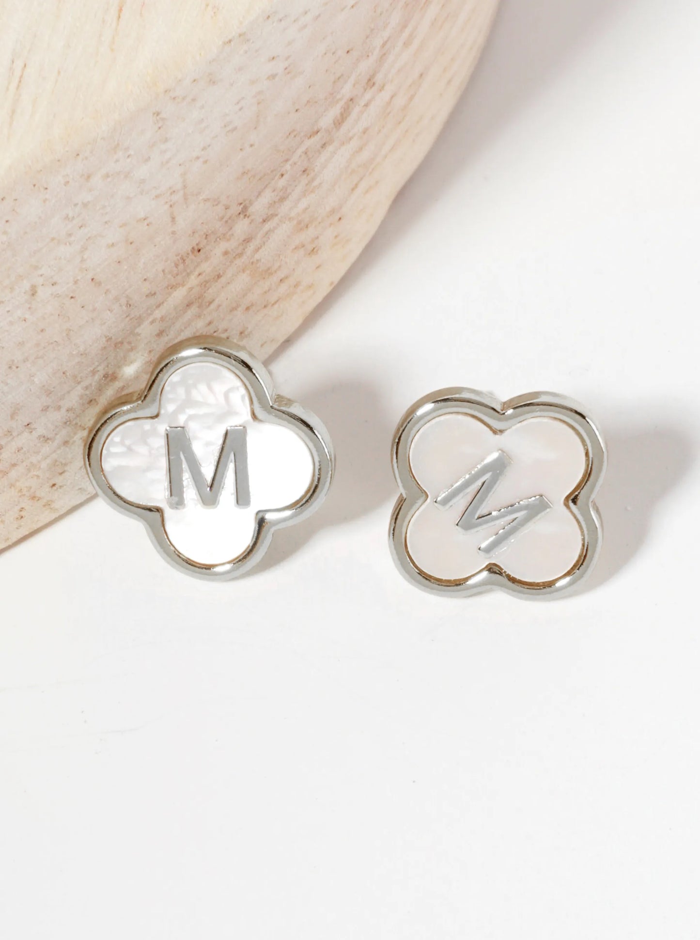 11mm 18K-Gold-Dipped Brass Mother-of-Pearl Quatrefoil Initial Monogram Stud Earrings