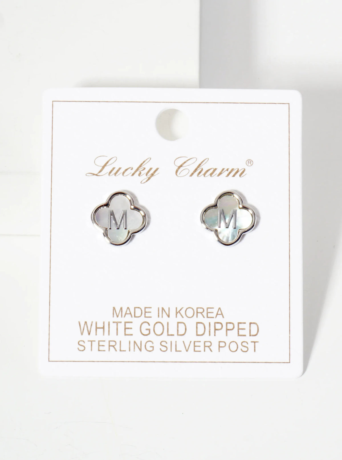 11mm 18K-Gold-Dipped Brass Mother-of-Pearl Quatrefoil Initial Monogram Stud Earrings