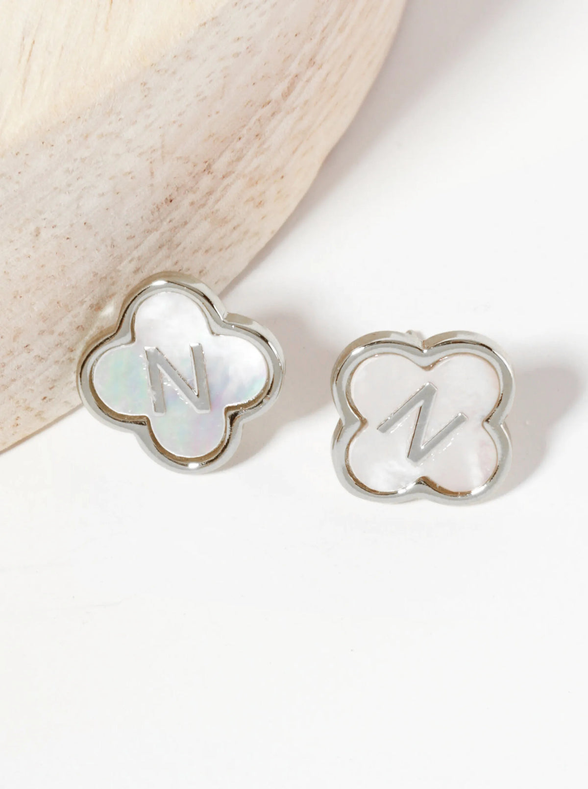 11mm 18K-Gold-Dipped Brass Mother-of-Pearl Quatrefoil Initial Monogram Stud Earrings