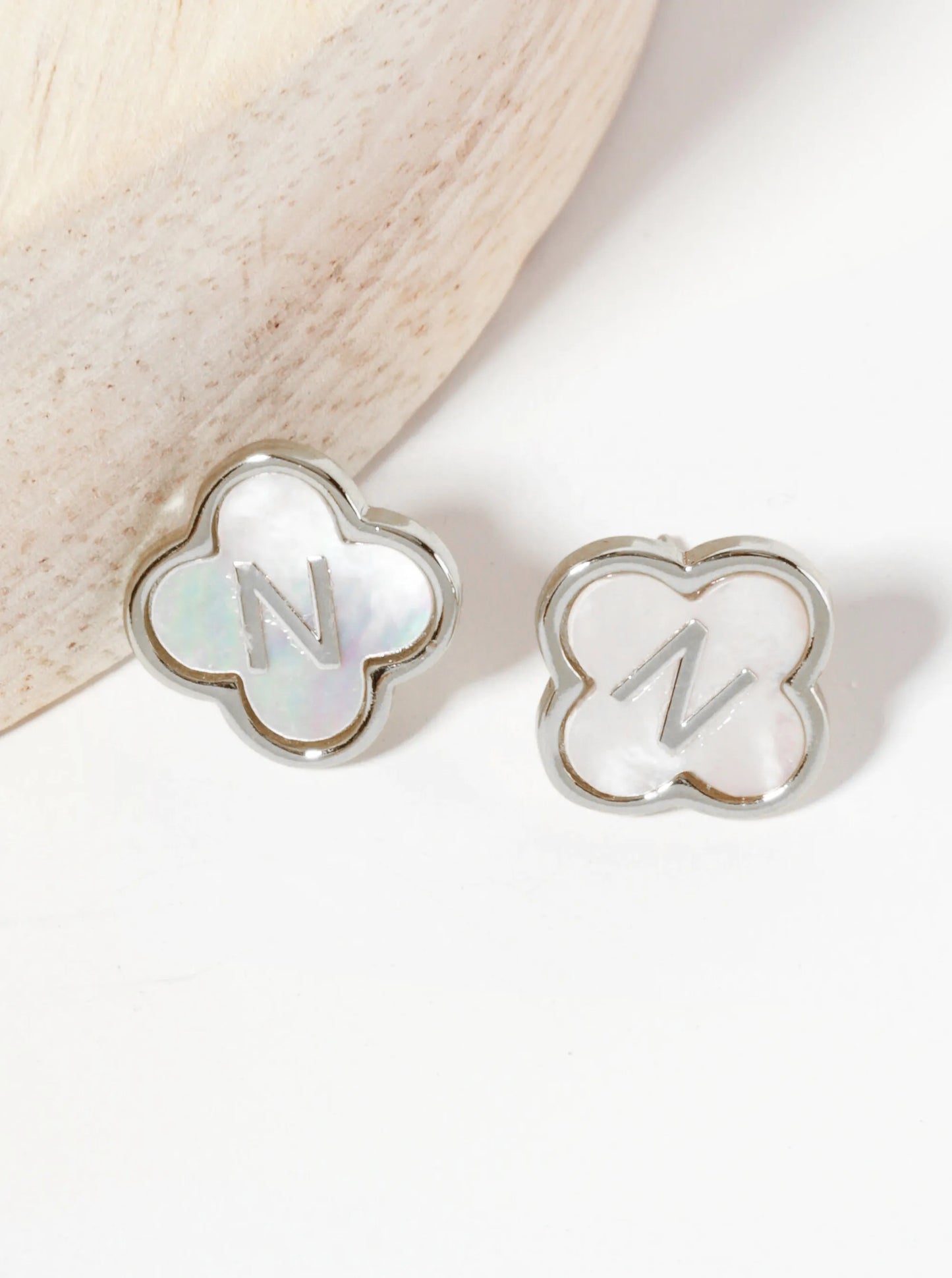 11mm 18K-Gold-Dipped Brass Mother-of-Pearl Quatrefoil Initial Monogram Stud Earrings