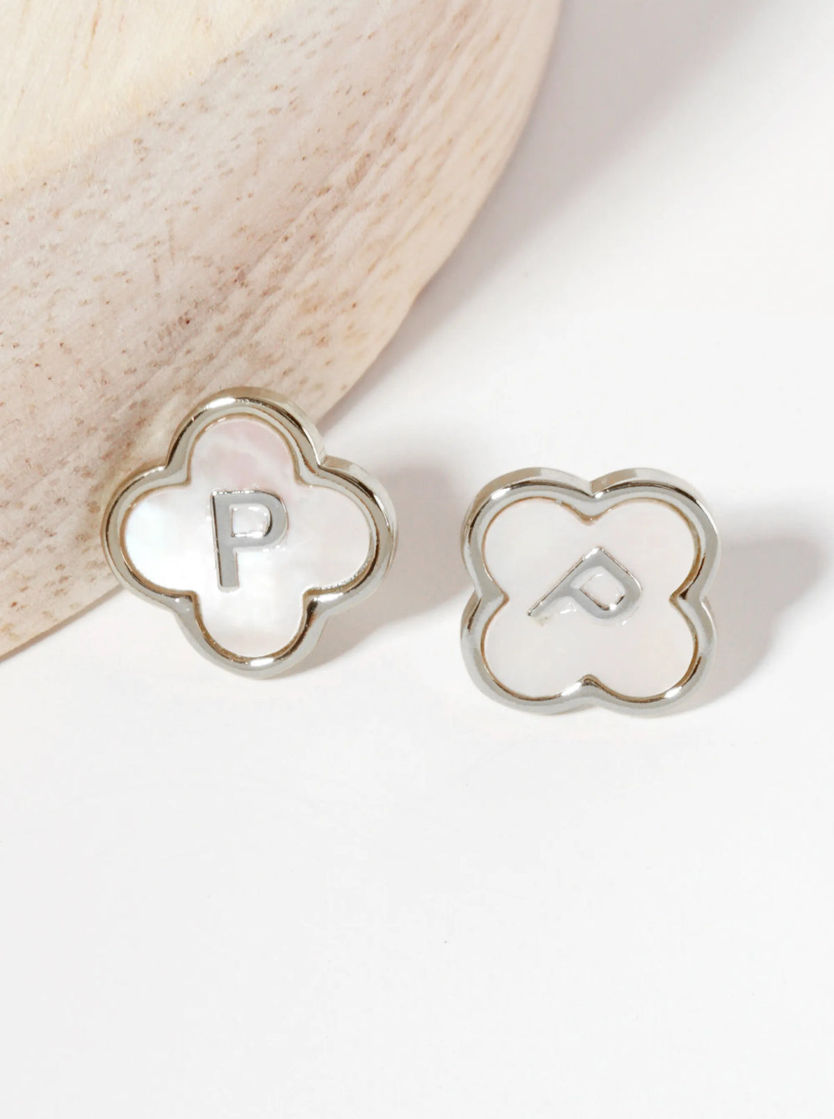 11mm 18K-Gold-Dipped Brass Mother-of-Pearl Quatrefoil Initial Monogram Stud Earrings