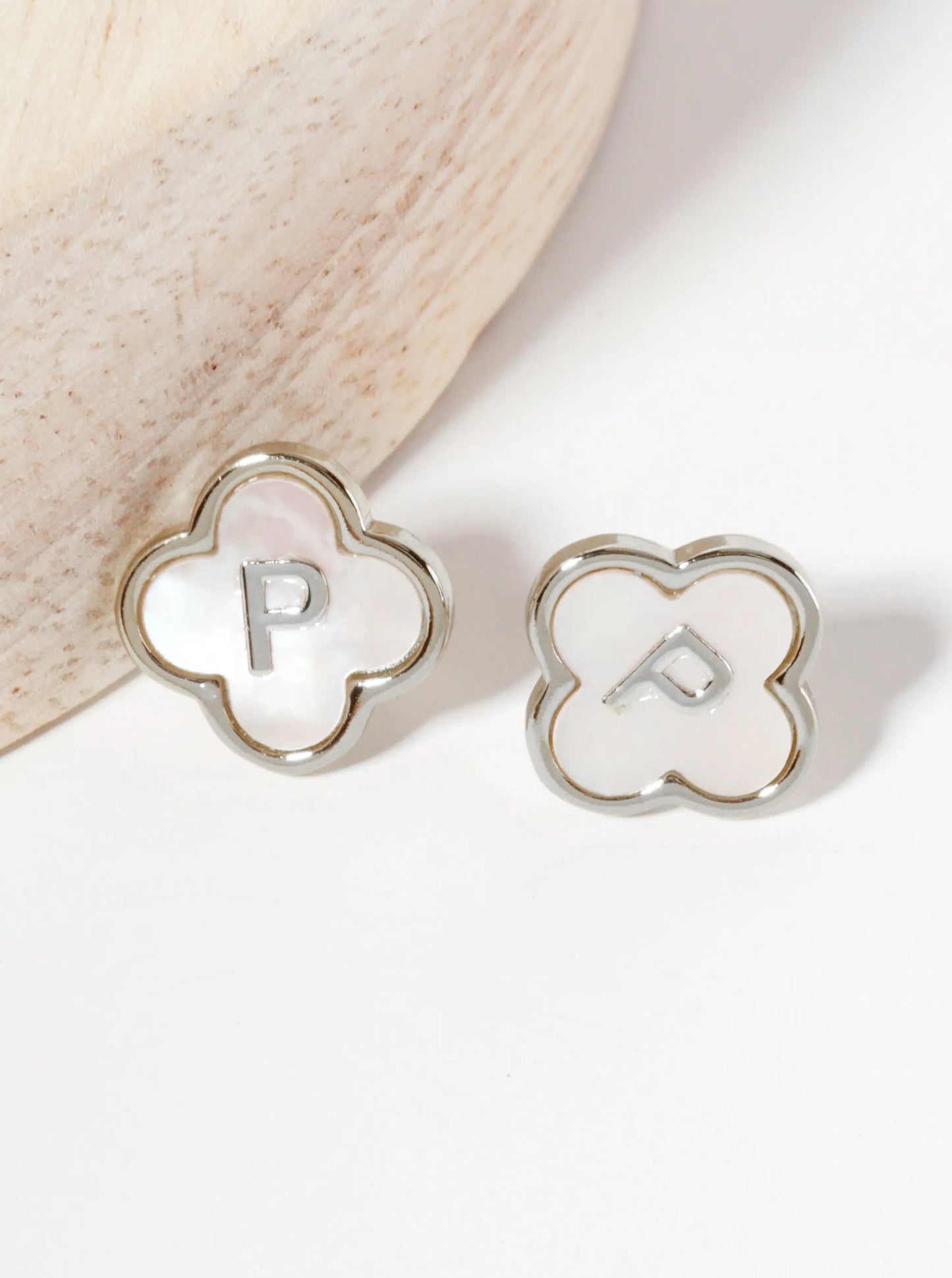 11mm 18K-Gold-Dipped Brass Mother-of-Pearl Quatrefoil Initial Monogram Stud Earrings