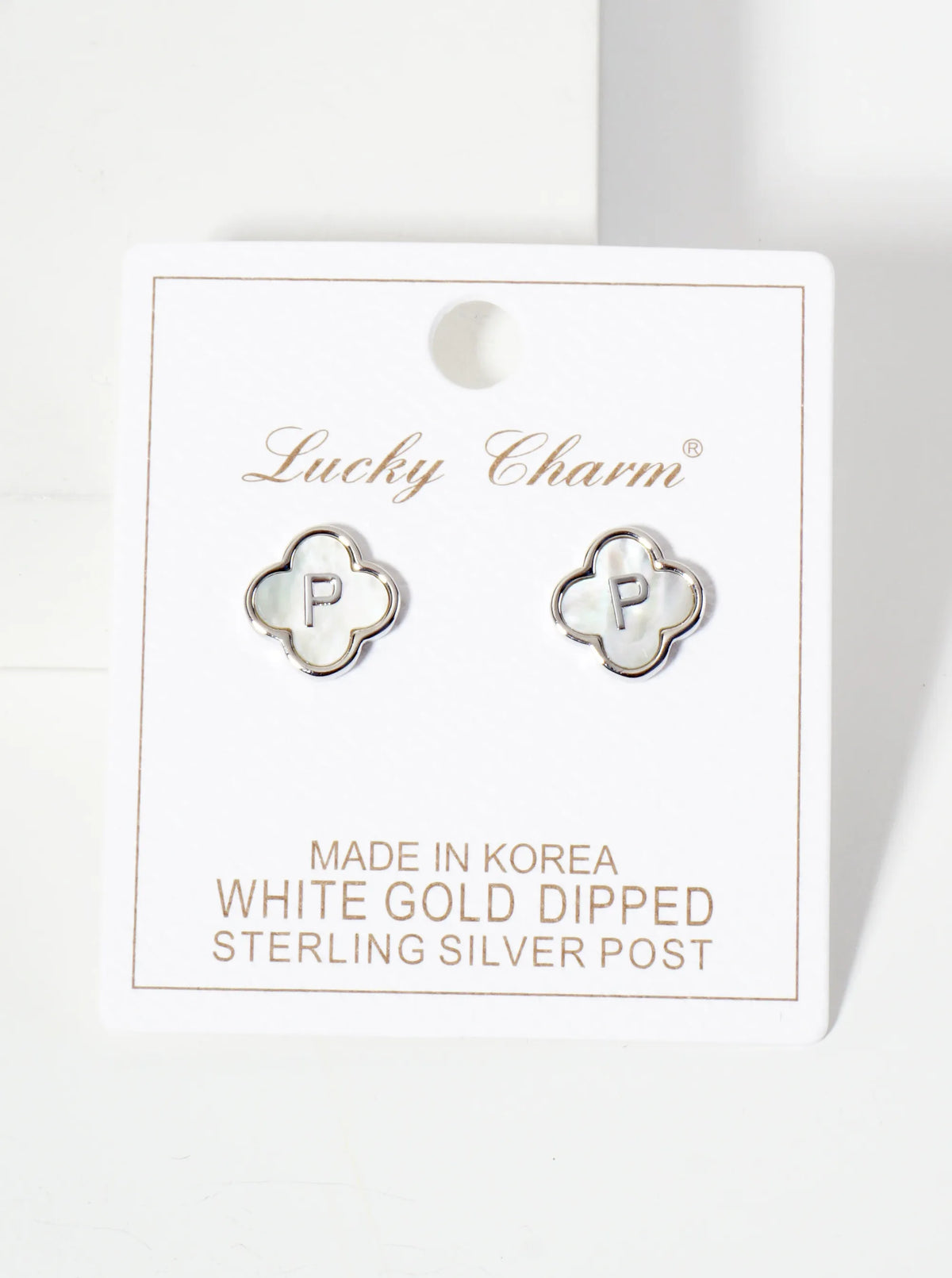 11mm 18K-Gold-Dipped Brass Mother-of-Pearl Quatrefoil Initial Monogram Stud Earrings