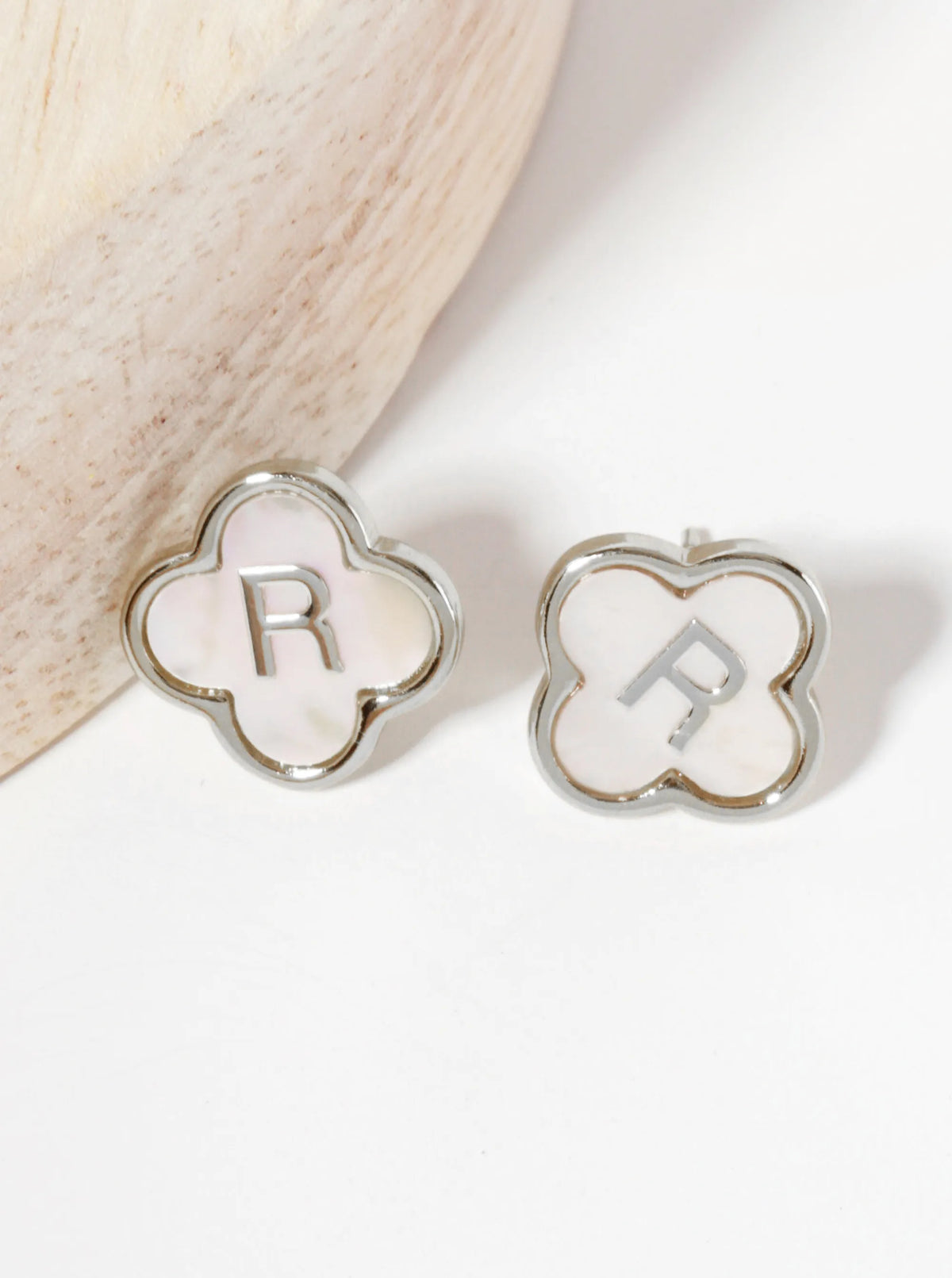 11mm 18K-Gold-Dipped Brass Mother-of-Pearl Quatrefoil Initial Monogram Stud Earrings