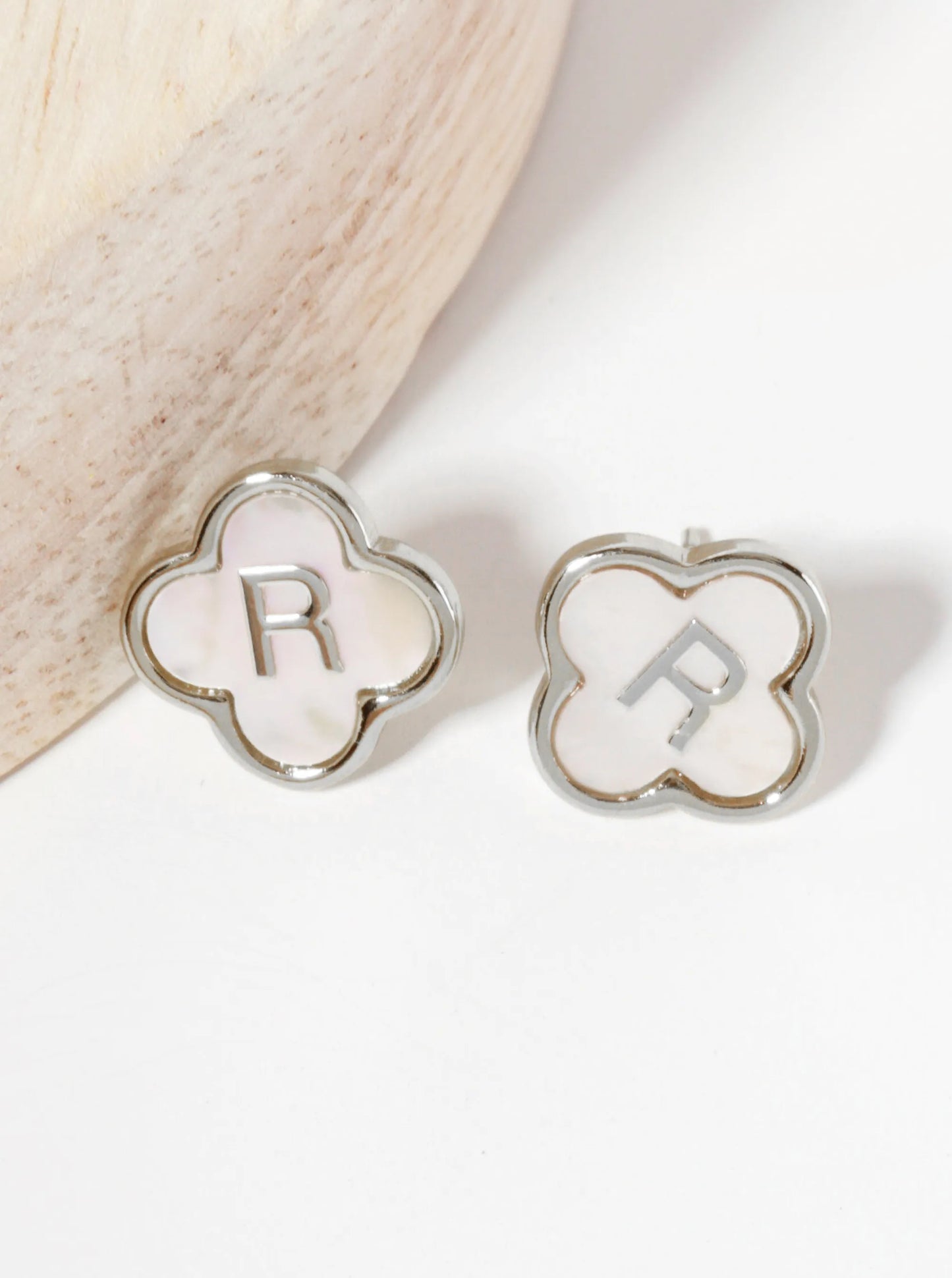 11mm 18K-Gold-Dipped Brass Mother-of-Pearl Quatrefoil Initial Monogram Stud Earrings
