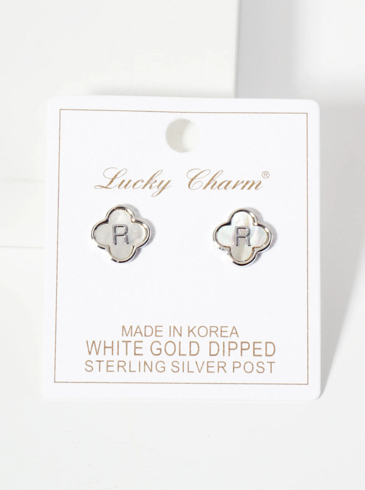 11mm 18K-Gold-Dipped Brass Mother-of-Pearl Quatrefoil Initial Monogram Stud Earrings