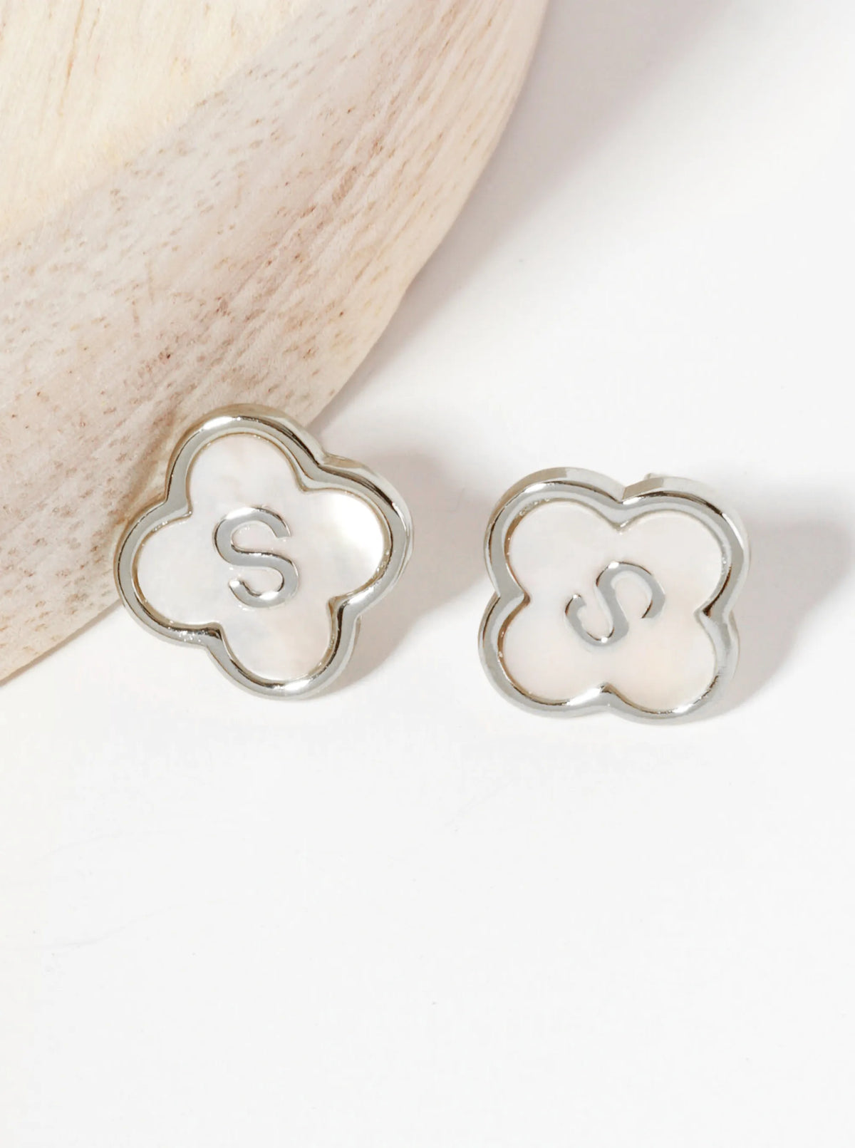 11mm 18K-Gold-Dipped Brass Mother-of-Pearl Quatrefoil Initial Monogram Stud Earrings