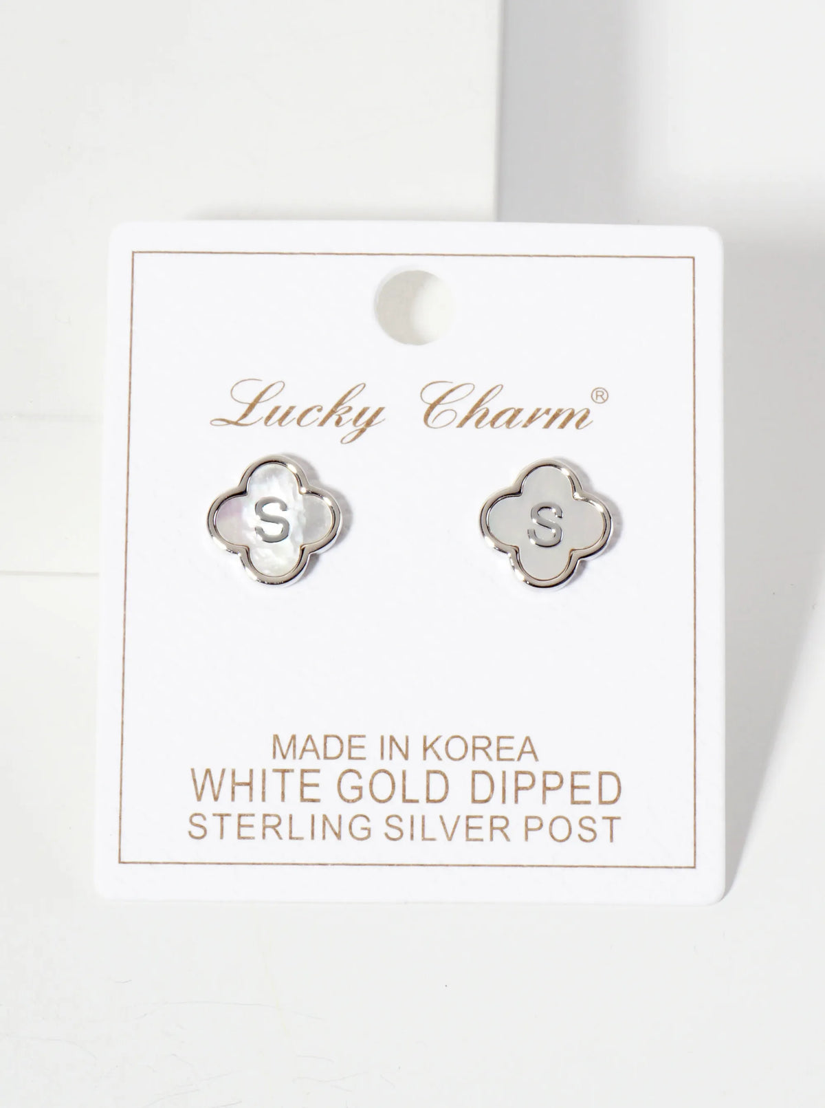 11mm 18K-Gold-Dipped Brass Mother-of-Pearl Quatrefoil Initial Monogram Stud Earrings