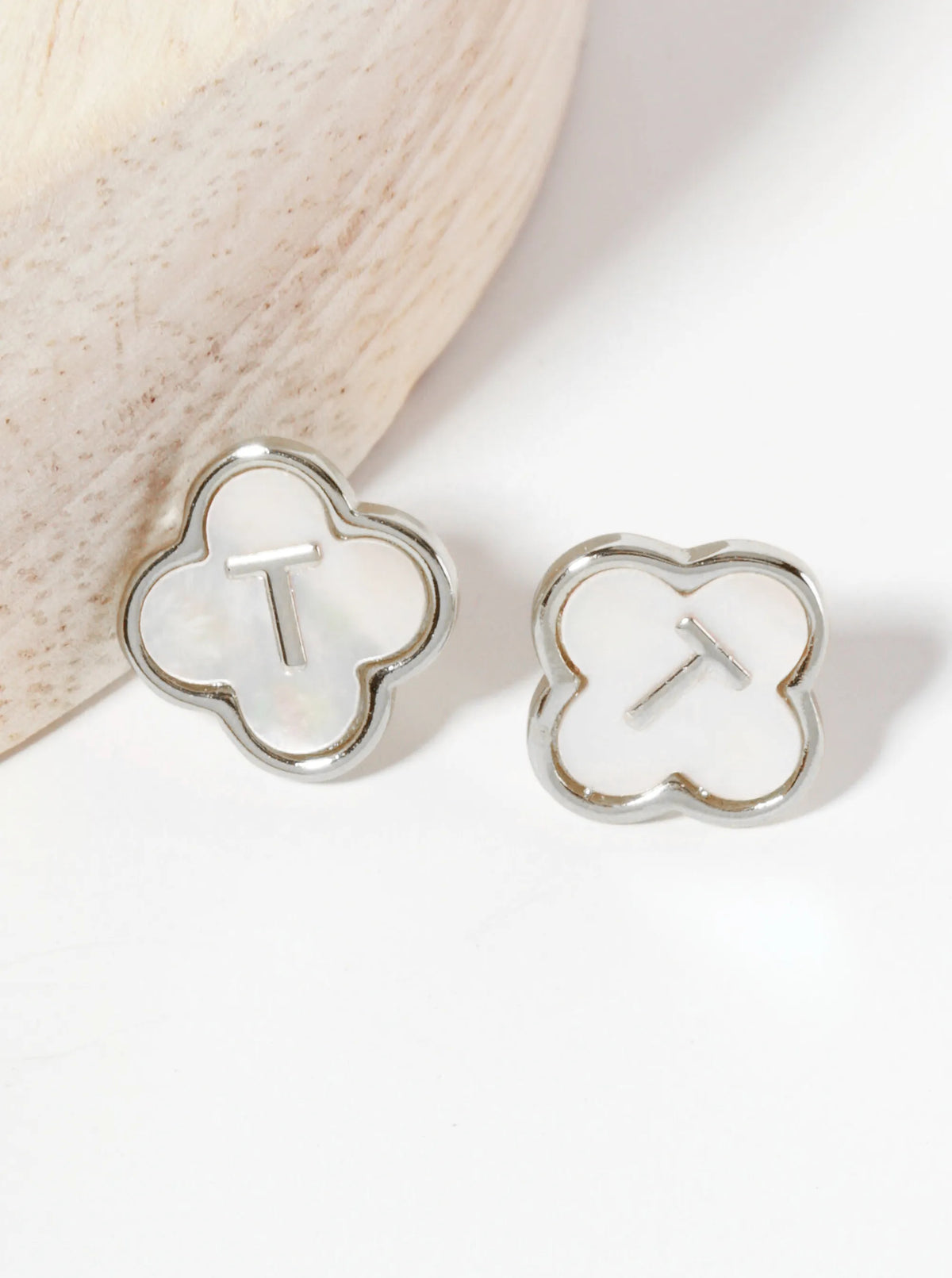 11mm 18K-Gold-Dipped Brass Mother-of-Pearl Quatrefoil Initial Monogram Stud Earrings