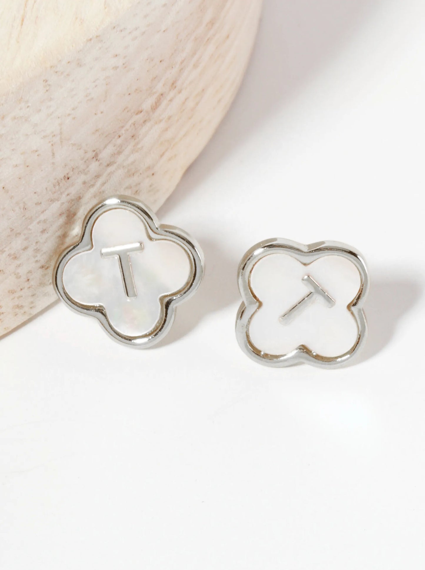 11mm 18K-Gold-Dipped Brass Mother-of-Pearl Quatrefoil Initial Monogram Stud Earrings