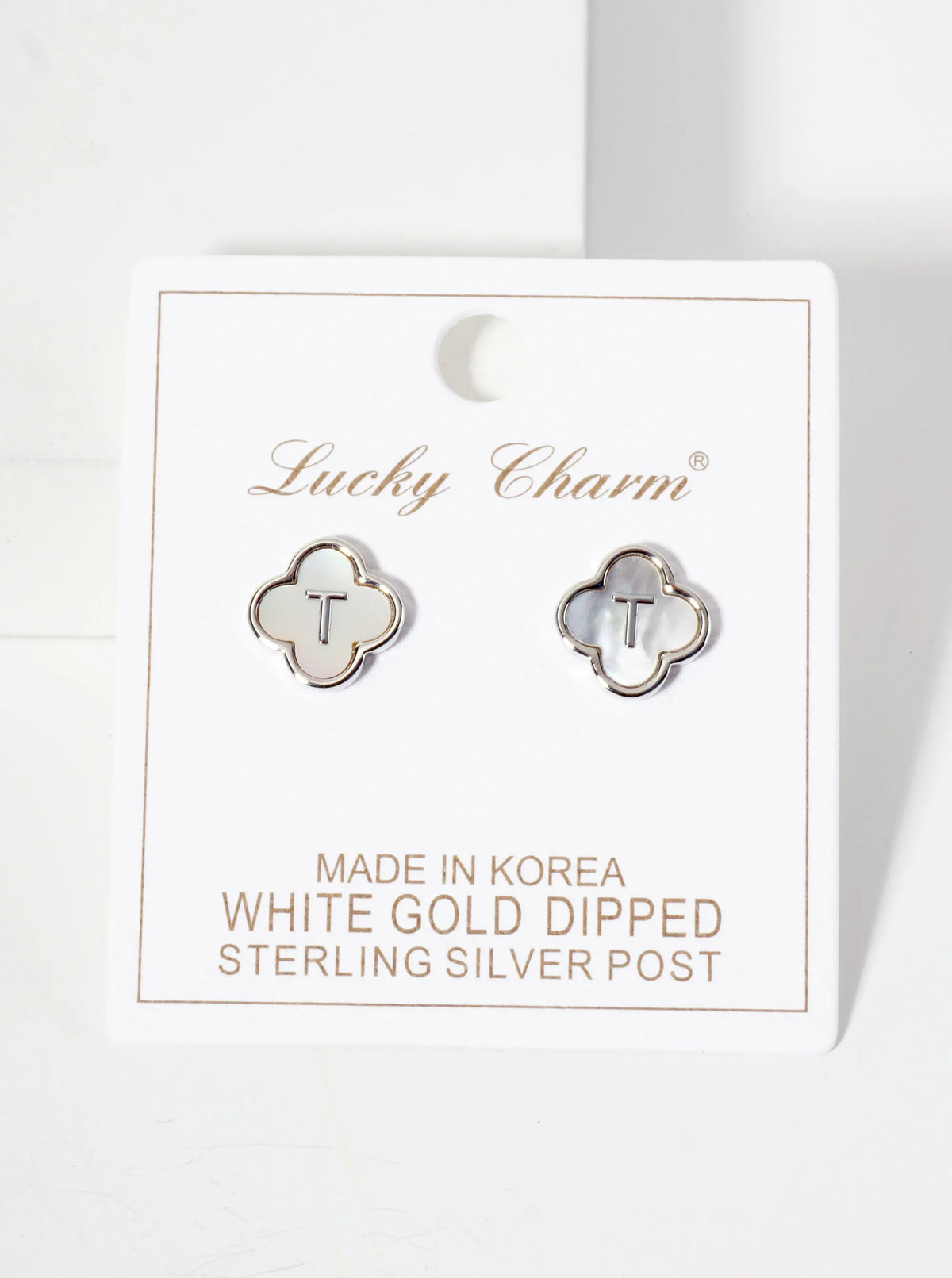 11mm 18K-Gold-Dipped Brass Mother-of-Pearl Quatrefoil Initial Monogram Stud Earrings
