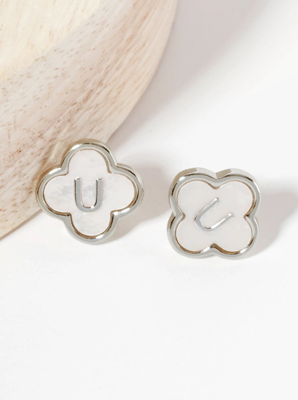11mm 18K-Gold-Dipped Brass Mother-of-Pearl Quatrefoil Initial Monogram Stud Earrings