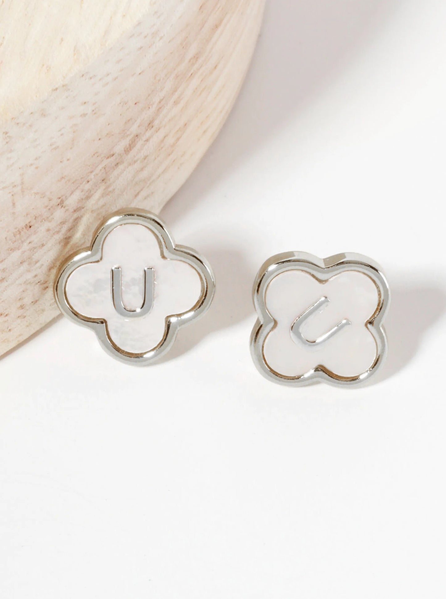 11mm 18K-Gold-Dipped Brass Mother-of-Pearl Quatrefoil Initial Monogram Stud Earrings