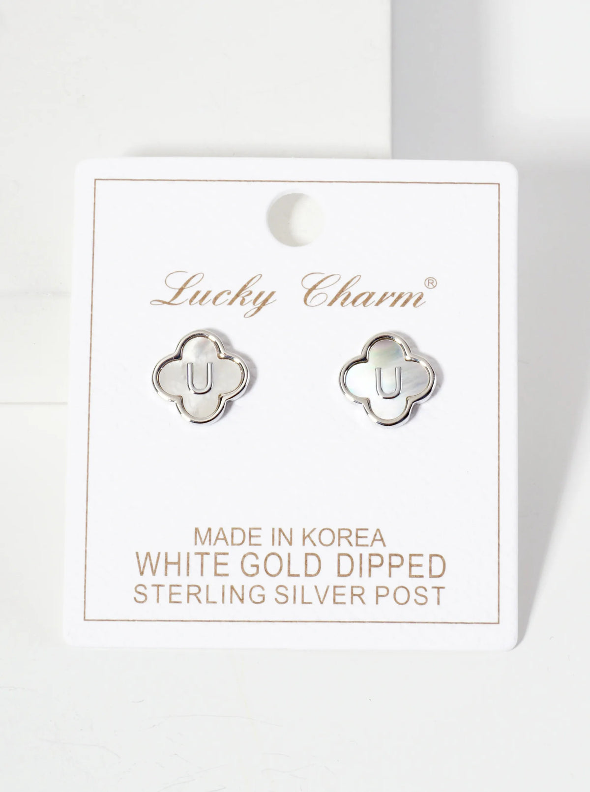 11mm 18K-Gold-Dipped Brass Mother-of-Pearl Quatrefoil Initial Monogram Stud Earrings