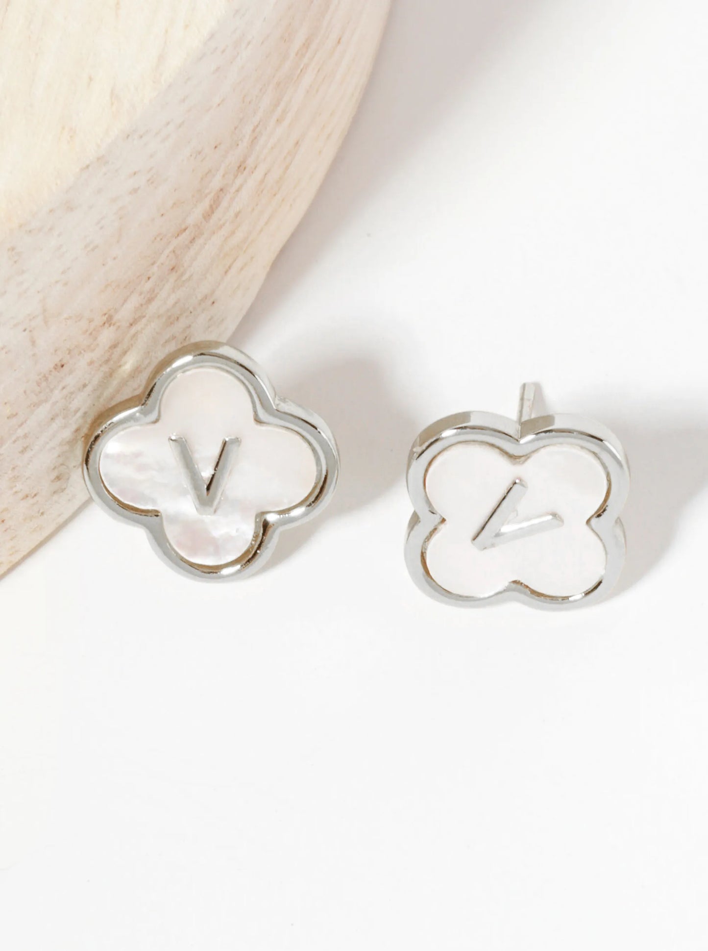 11mm 18K-Gold-Dipped Brass Mother-of-Pearl Quatrefoil Initial Monogram Stud Earrings