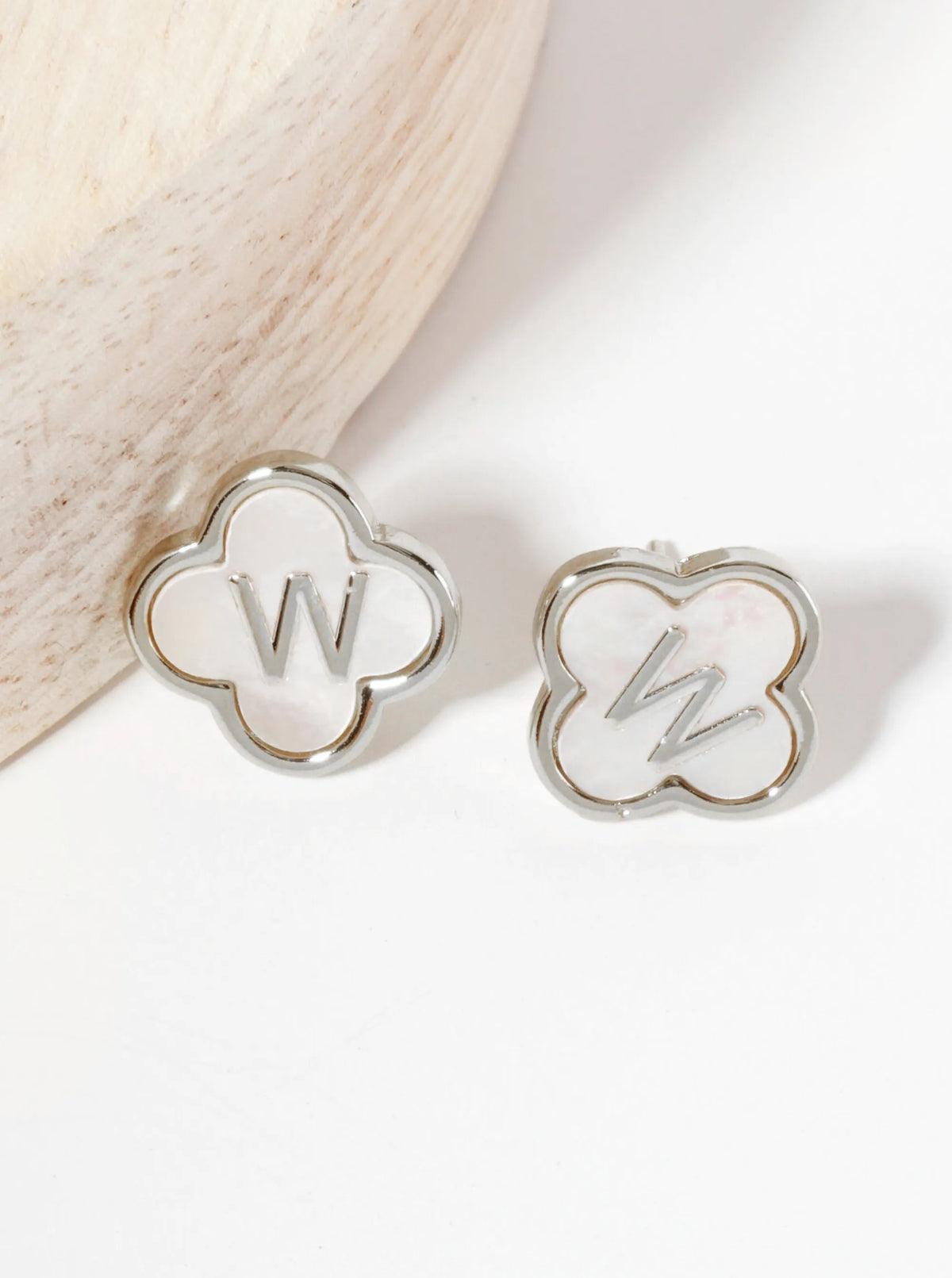 11mm 18K-Gold-Dipped Brass Mother-of-Pearl Quatrefoil Initial Monogram Stud Earrings