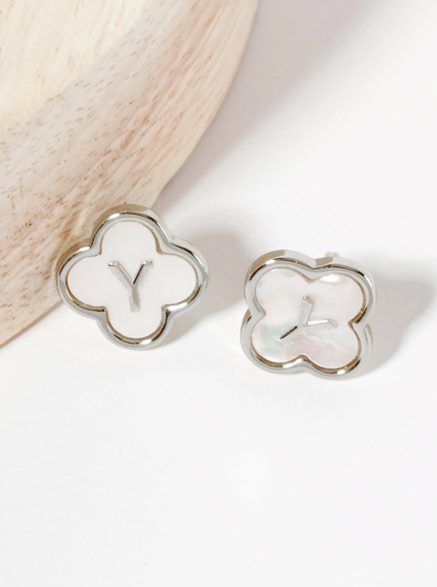 11mm 18K-Gold-Dipped Brass Mother-of-Pearl Quatrefoil Initial Monogram Stud Earrings