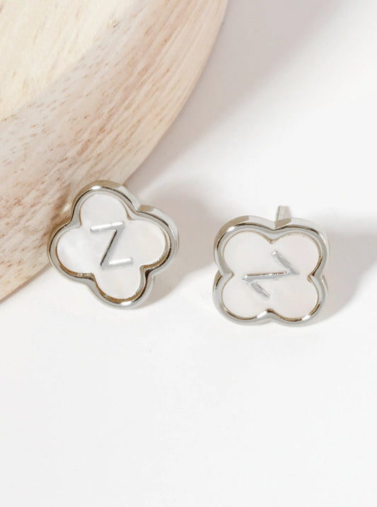 11mm 18K-Gold-Dipped Brass Mother-of-Pearl Quatrefoil Initial Monogram Stud Earrings