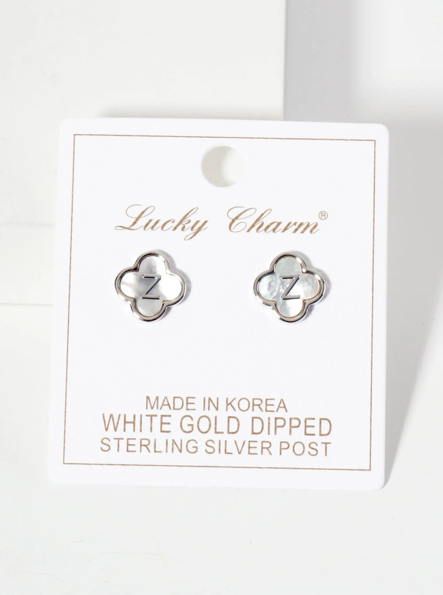 11mm 18K-Gold-Dipped Brass Mother-of-Pearl Quatrefoil Initial Monogram Stud Earrings