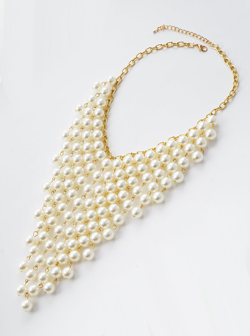 11mm Pearl-Bead Chain Bib Necklace