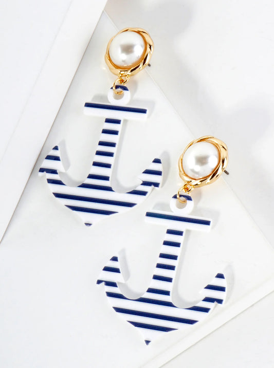 11mm Pearl Post Striped Anchor Nautical Statement Earrings