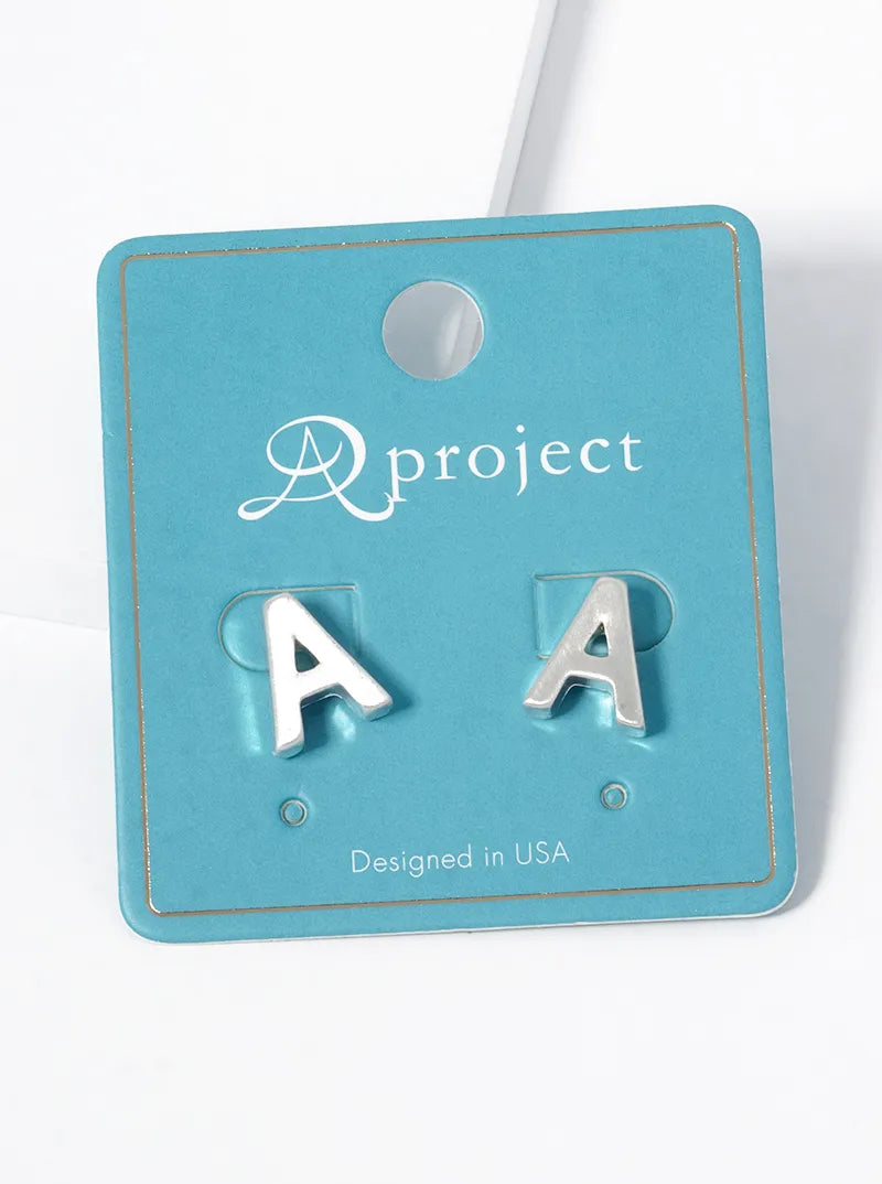 12mm Brushed Metal Initial Letter Button Stud Post Earrings