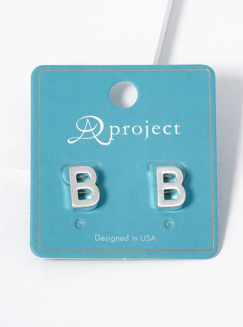 12mm Brushed Metal Initial Letter Button Stud Post Earrings