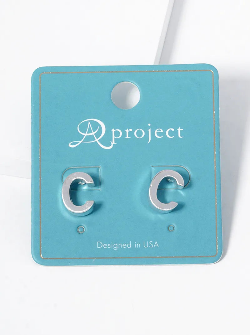 12mm Brushed Metal Initial Letter Button Stud Post Earrings
