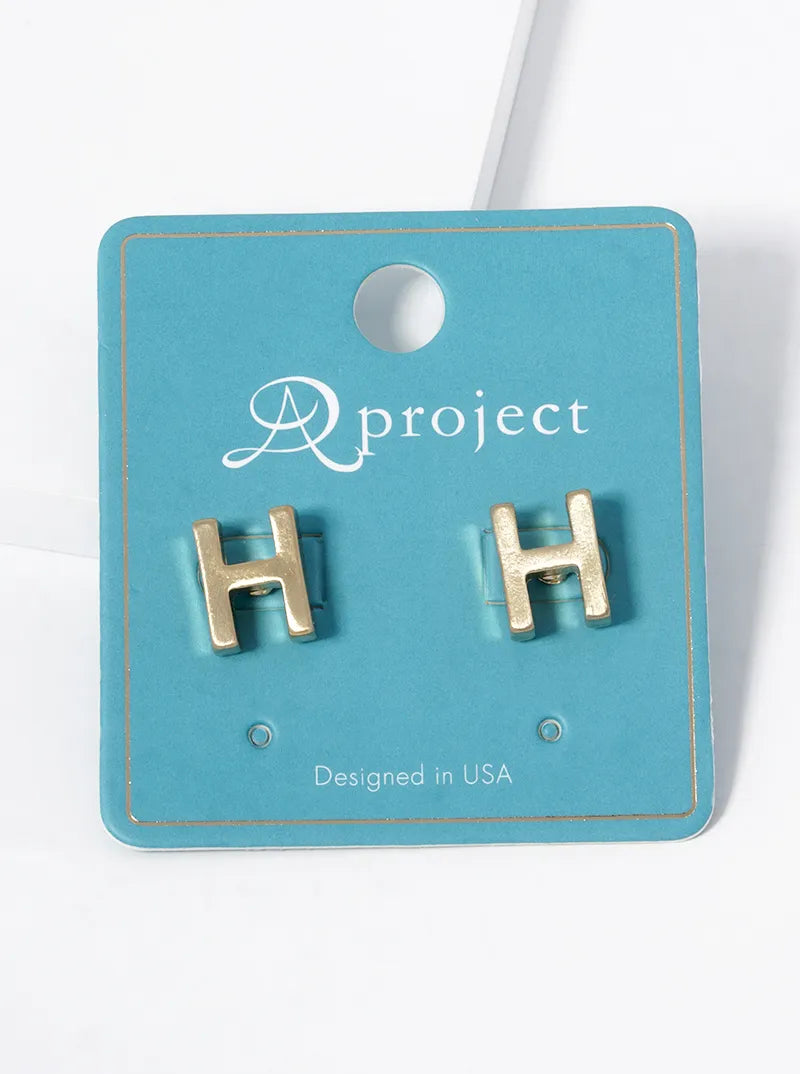 12mm Brushed Metal Initial Letter Button Stud Post Earrings