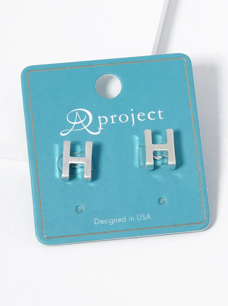 12mm Brushed Metal Initial Letter Button Stud Post Earrings