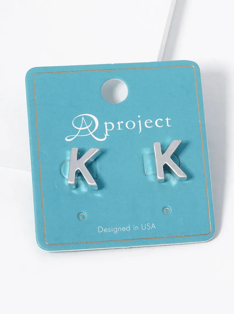 12mm Brushed Metal Initial Letter Button Stud Post Earrings