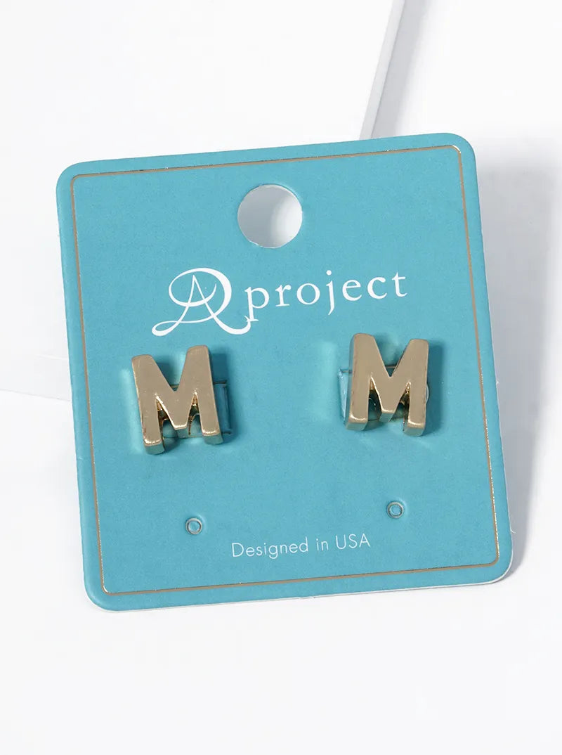12mm Brushed Metal Initial Letter Button Stud Post Earrings