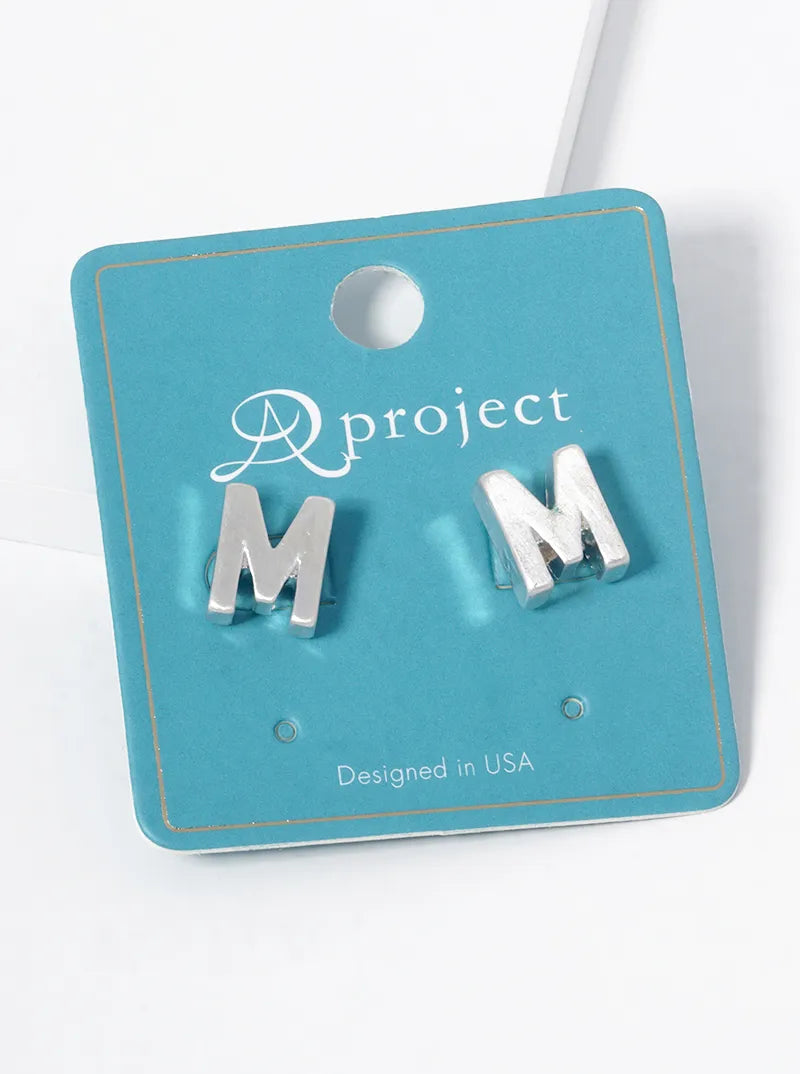 12mm Brushed Metal Initial Letter Button Stud Post Earrings